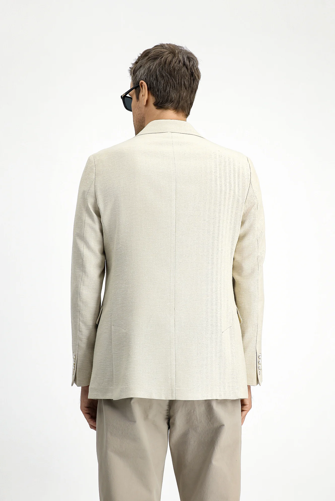 Açık Bej 4 Drop Relaxed Fit Rahat Kesim Klasik Desenli Keten Karışımlı Ceket - Image 5