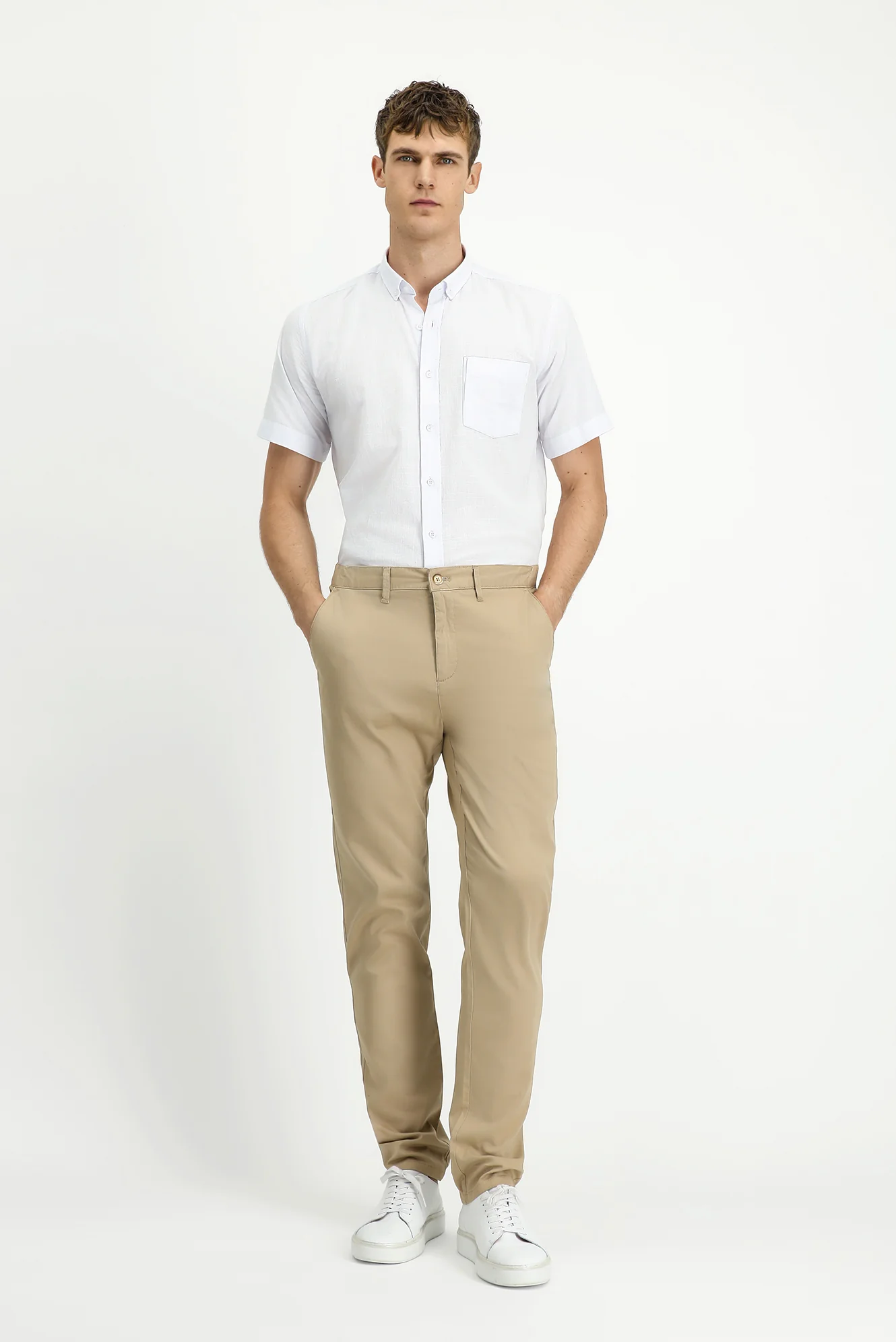 Açık Bej Slim Fit Dar Kesim Beli Lastikli Likralı Kanvas / Chino Pantolon - Image 2