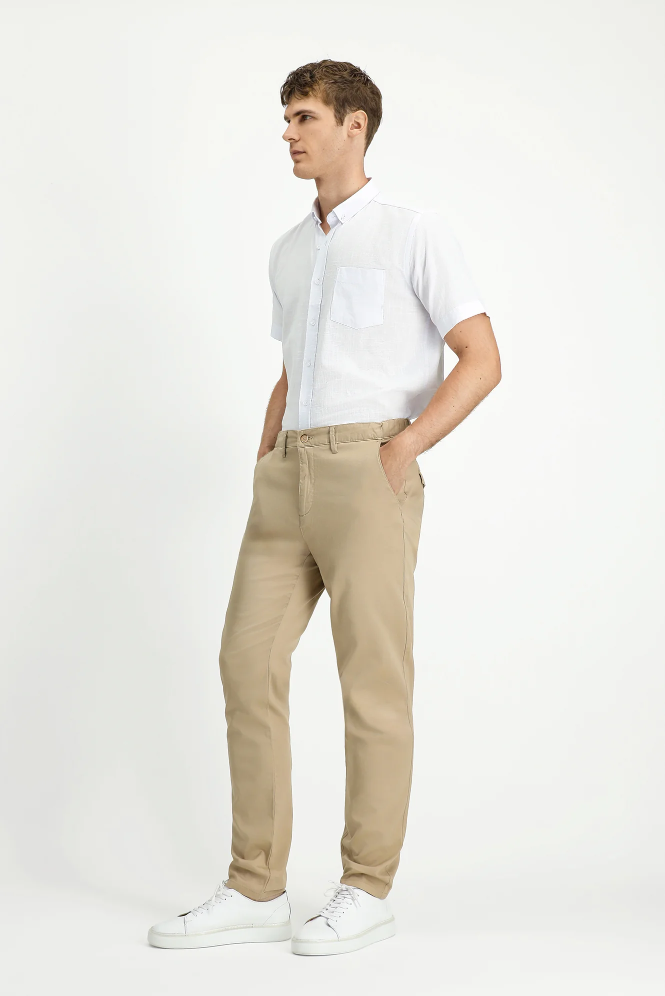 Açık Bej Slim Fit Dar Kesim Beli Lastikli Likralı Kanvas / Chino Pantolon - Image 3
