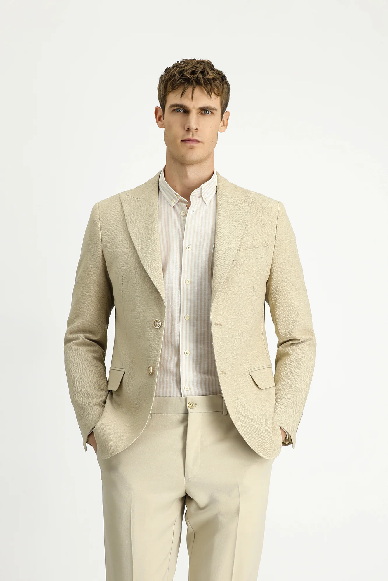 Açık Bej 7 Drop Slim Fit Dar Kesim Desenli Klasik Ceket