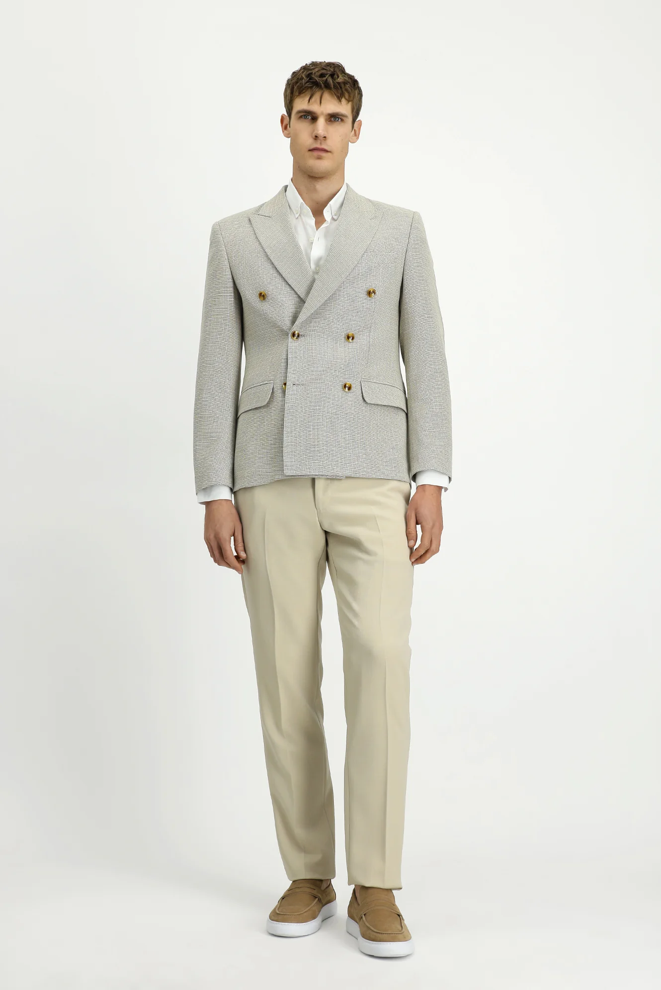 Açık Bej 7 Drop Slim Fit Dar Kesim Desenli Kruvaze Ceket - Image 2