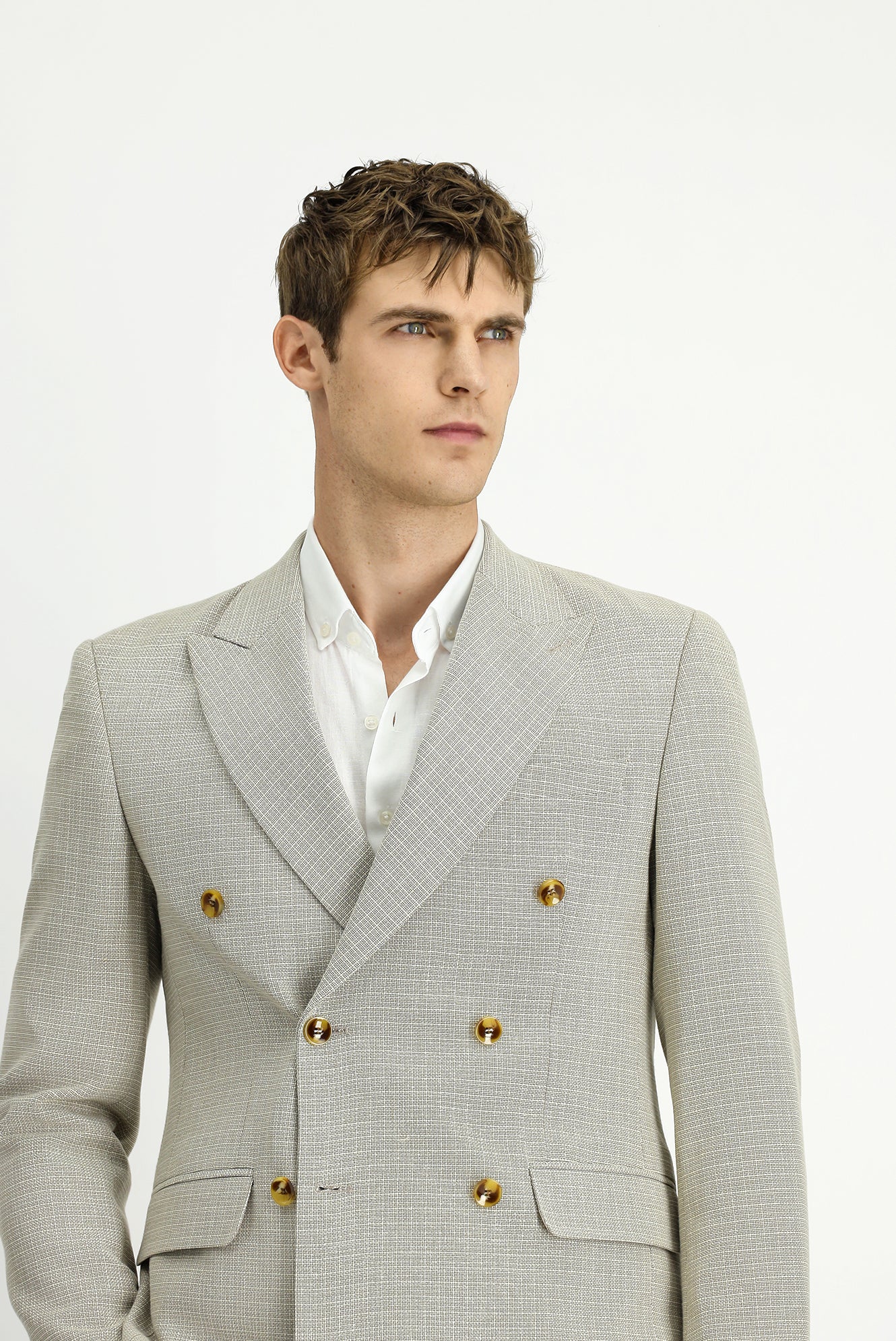 Açık Bej 7 Drop Slim Fit Dar Kesim Desenli Kruvaze Ceket - Image 3