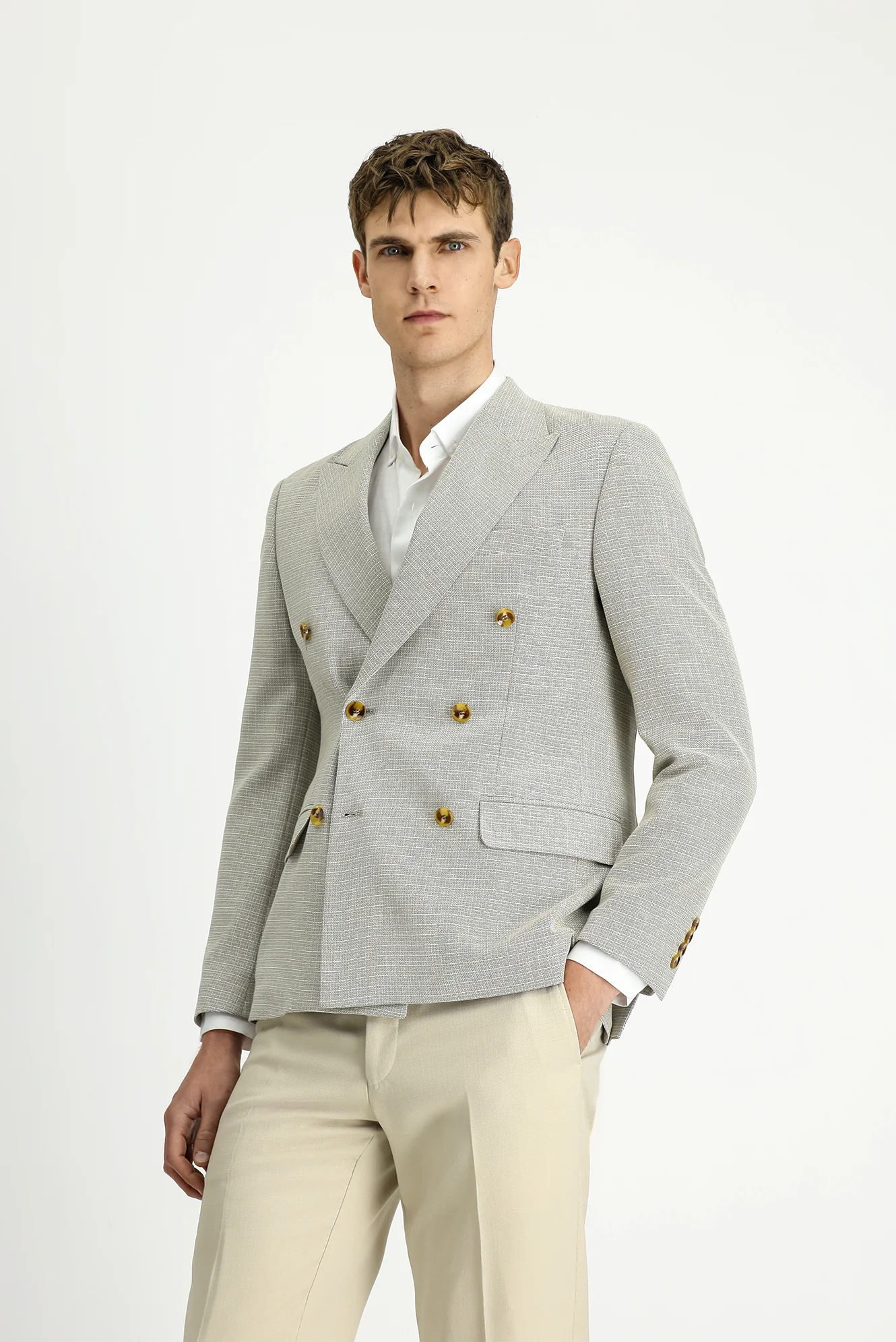 Açık Bej 7 Drop Slim Fit Dar Kesim Desenli Kruvaze Ceket - Image 4