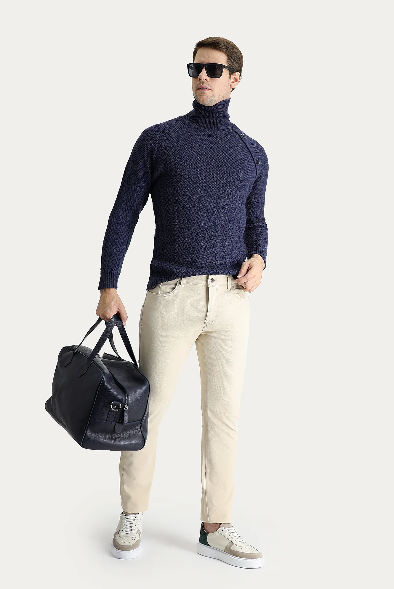 Açık Bej Slim Fit Dar Kesim Desenli Likralı Kanvas / Chino Pantolon - Image 2