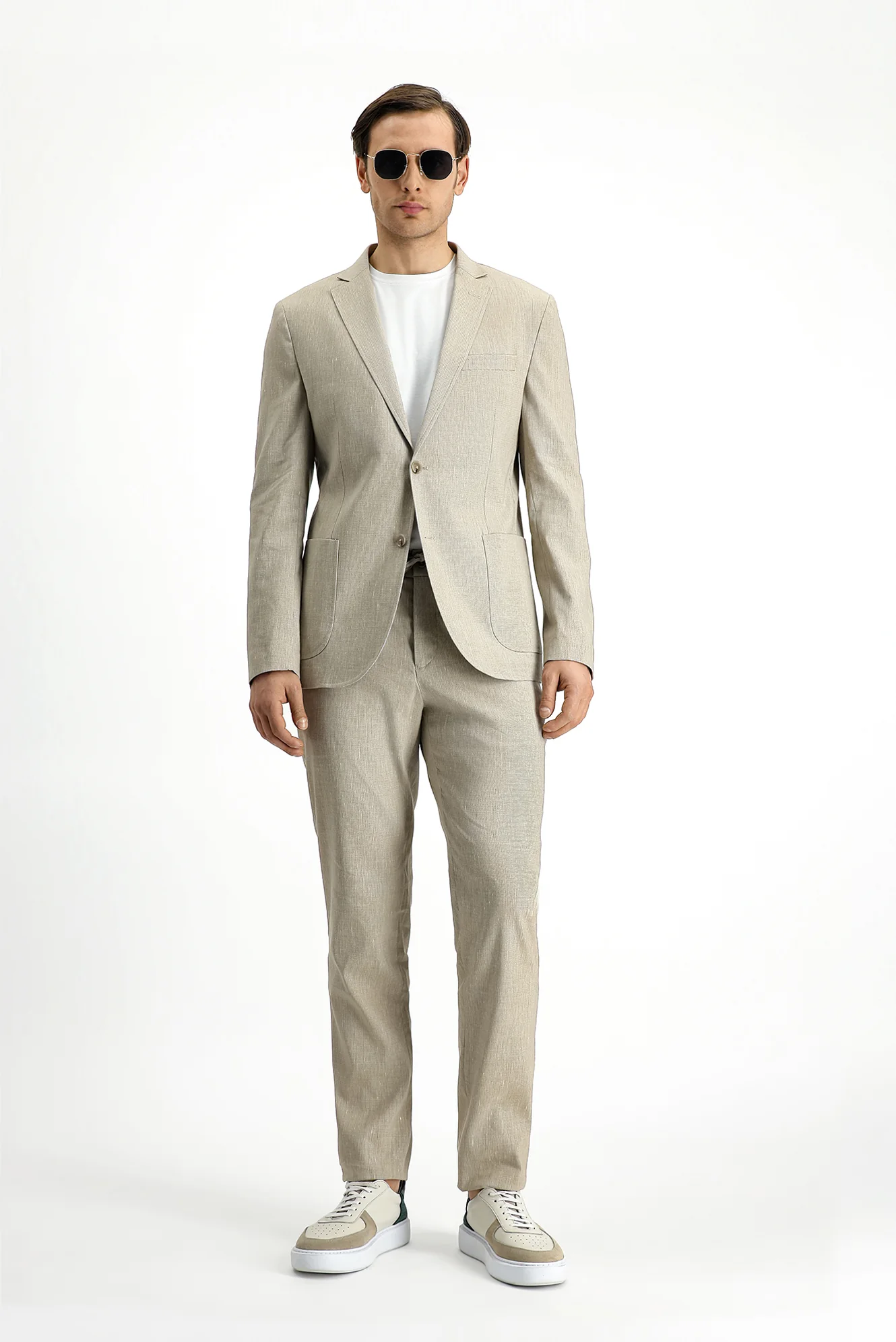 Açık Bej 7 Drop Slim Fit Dar Kesim Keten Karışımlı Beli Lastikli İpli Takım Elbise - Image 4