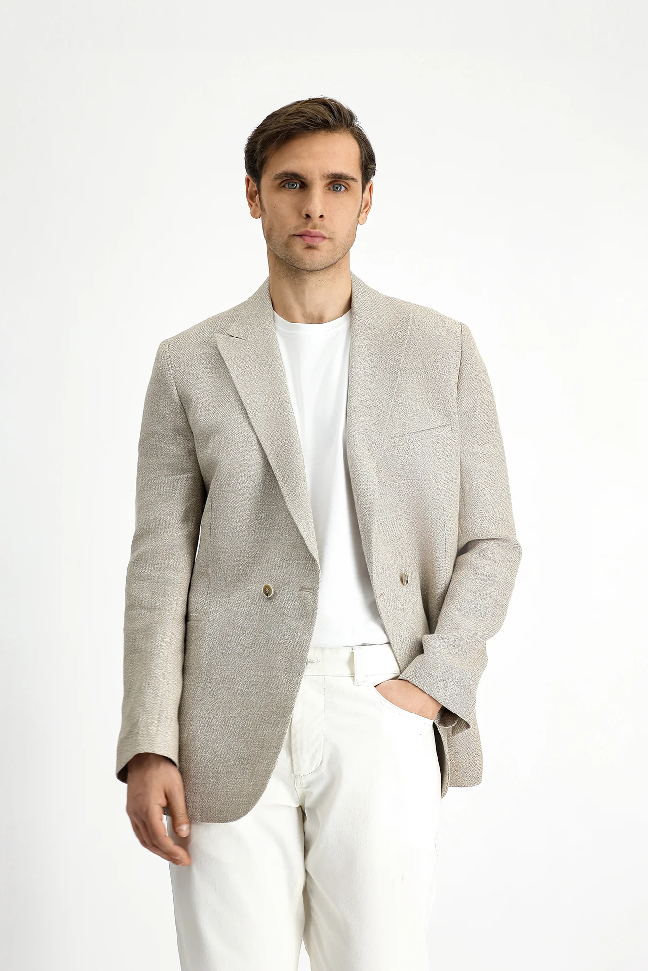 Açık Bej 7 Drop Slim Fit Dar Kesim Keten Karışımlı Kruvaze Ceket - Image 3