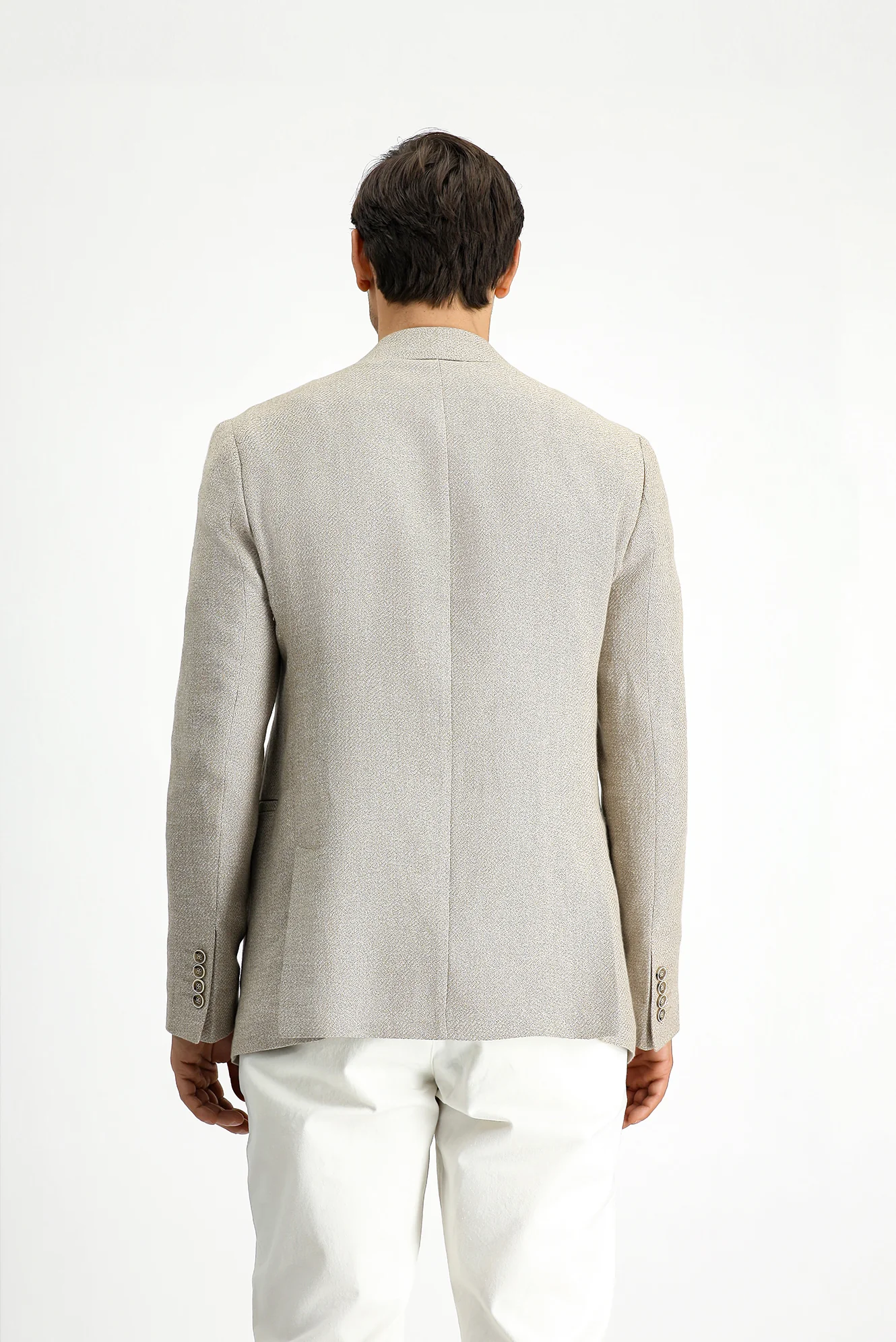 Açık Bej 7 Drop Slim Fit Dar Kesim Keten Karışımlı Kruvaze Ceket - Image 4
