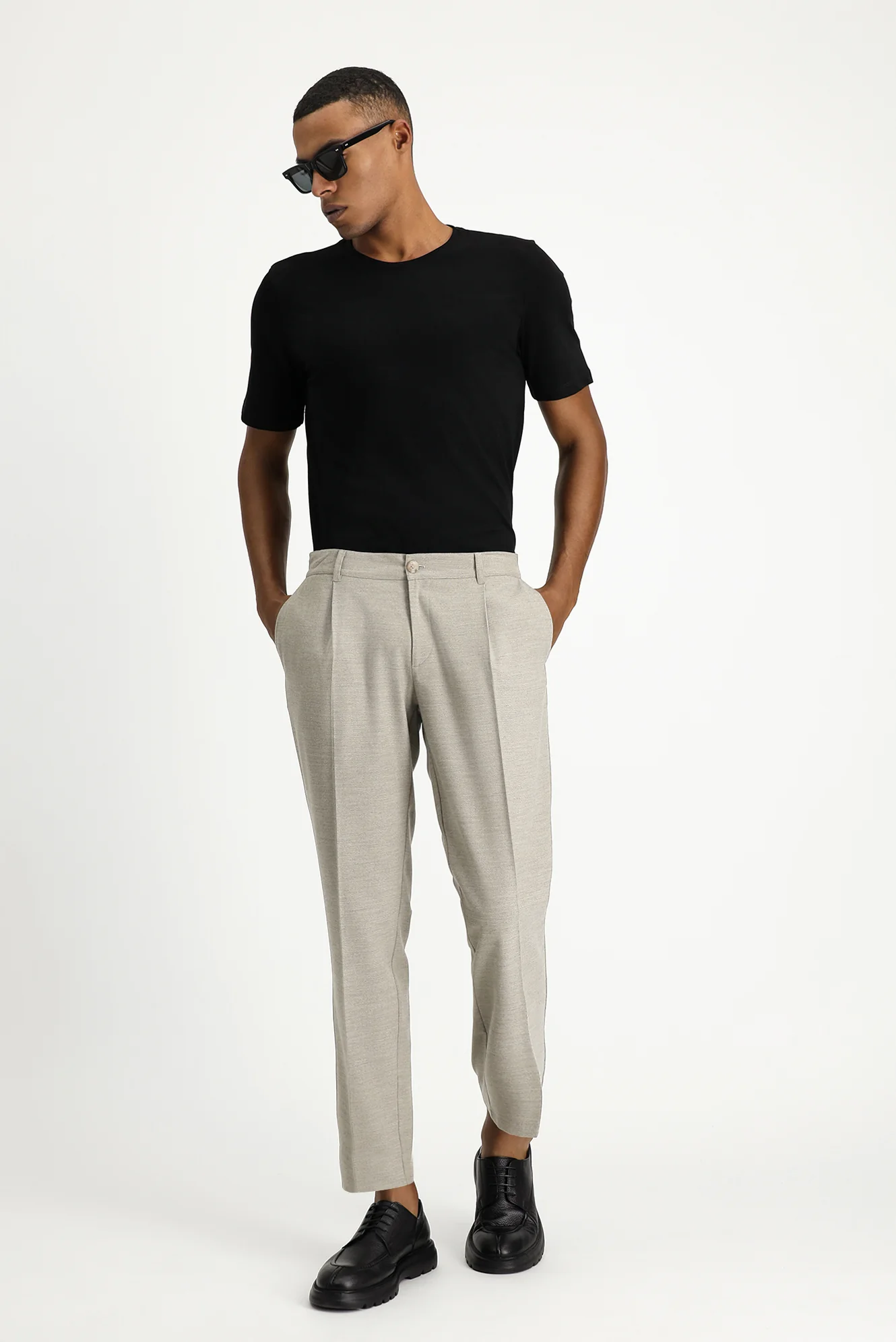Açık Bej 7 Drop Slim Fit Dar Kesim Likralı Pileli Klasik Kumaş Pantolon - Image 2