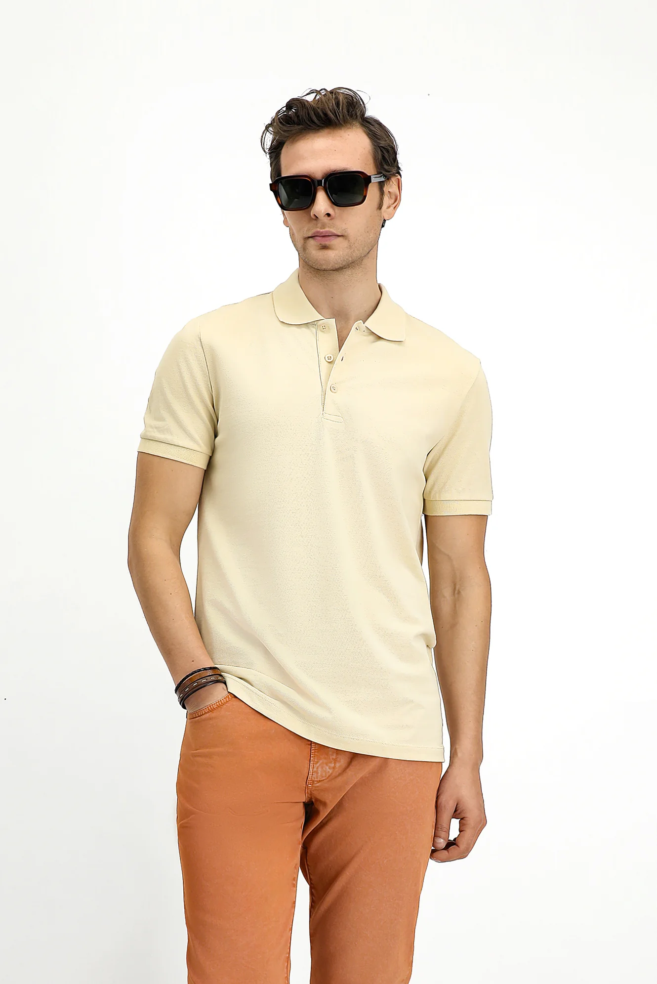 Açık Bej Slim Fit Dar Kesim Nakışlı Pamuk Polo Yaka Tişört