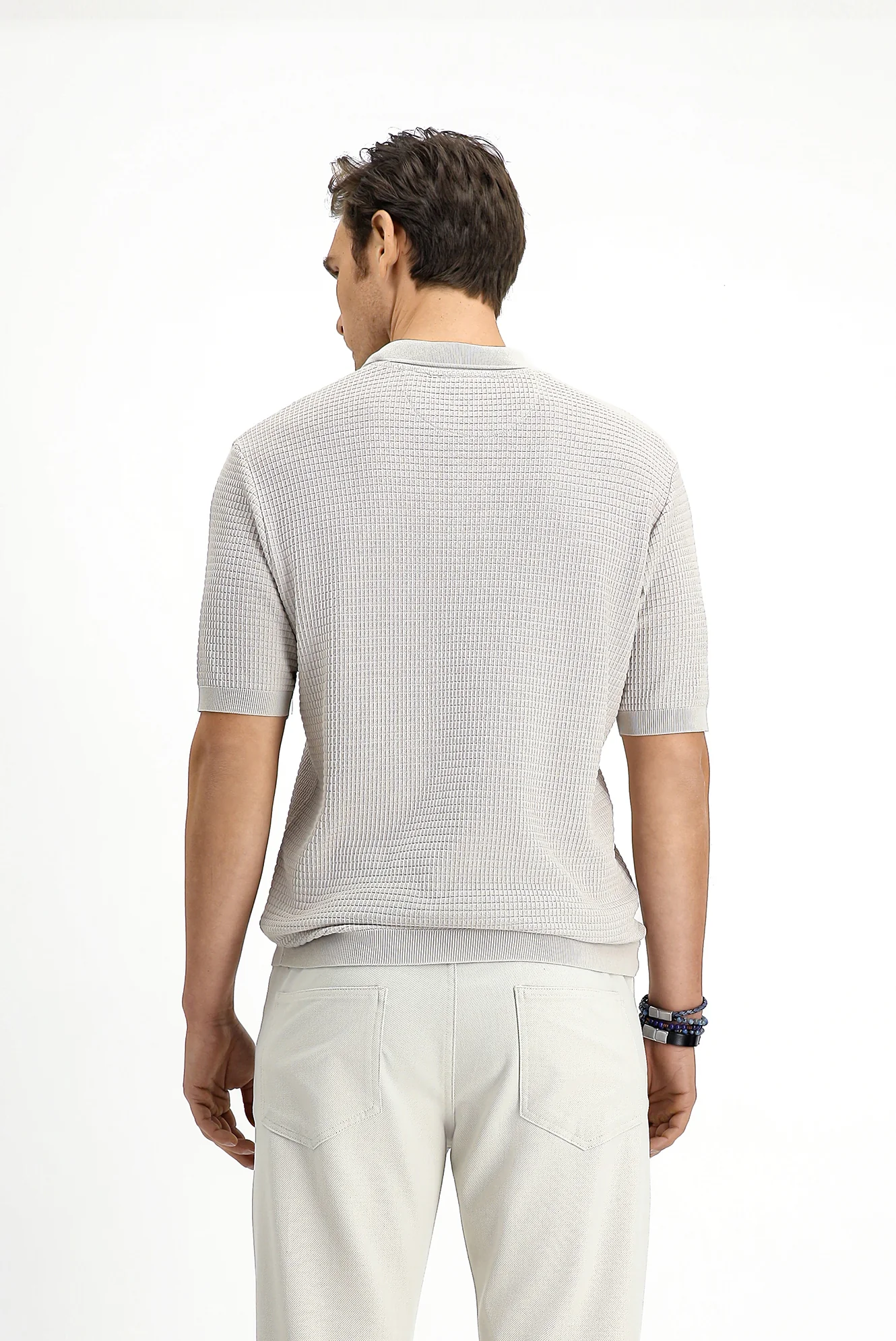 Açık Bej Slim Fit Dar Kesim Pamuk Desenli Fermuarlı Polo Yaka Tişört - Image 6
