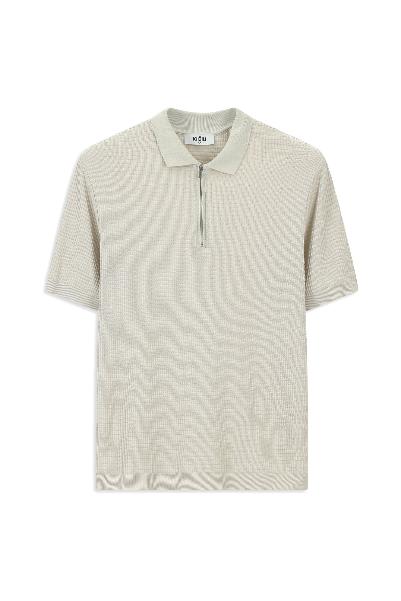 Açık Bej Slim Fit Dar Kesim Pamuk Desenli Fermuarlı Polo Yaka Tişört - Image 8
