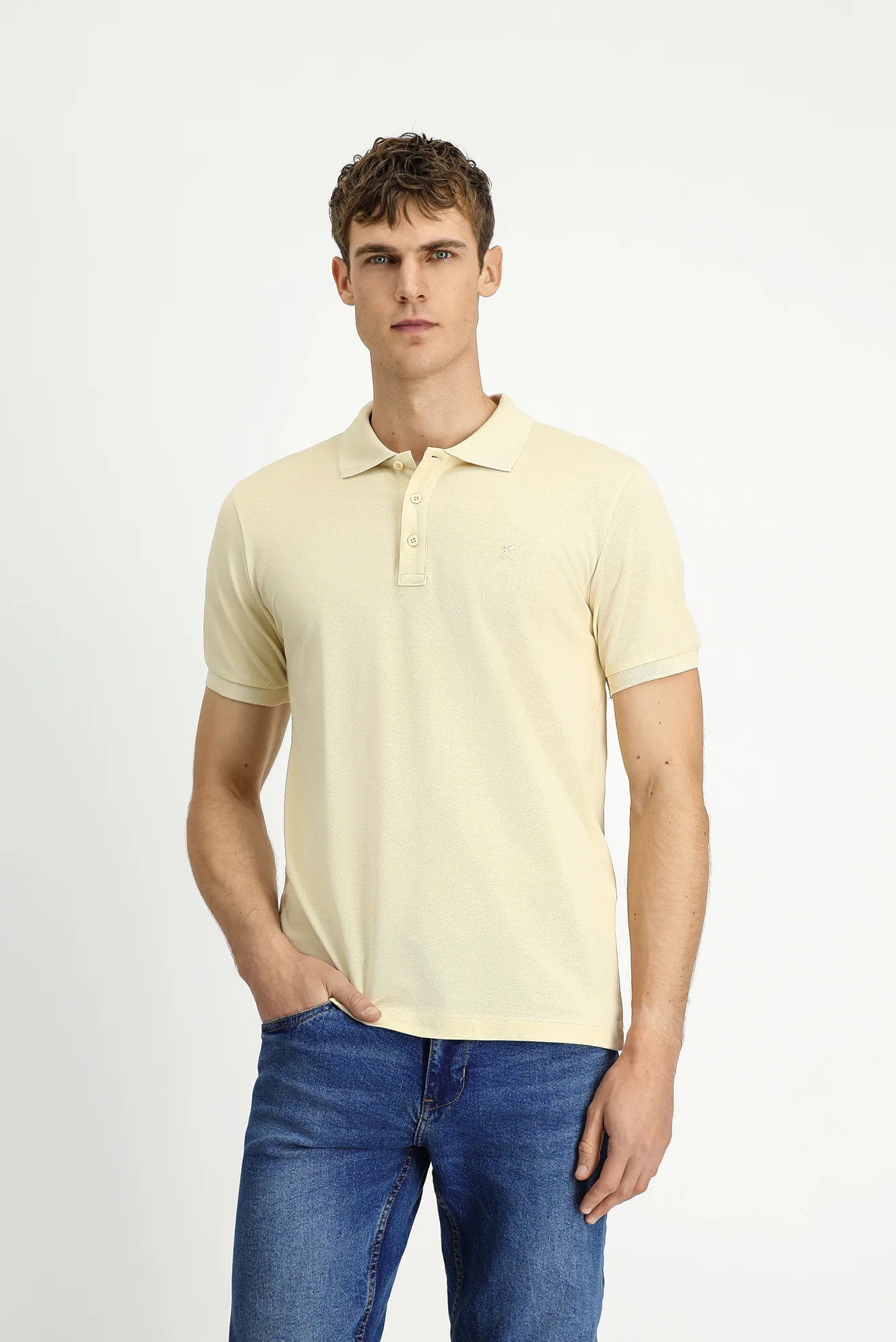 Açık Bej Slim Fit Dar Kesim Pamuk Kıvrılmaz Polo Yaka Tişört