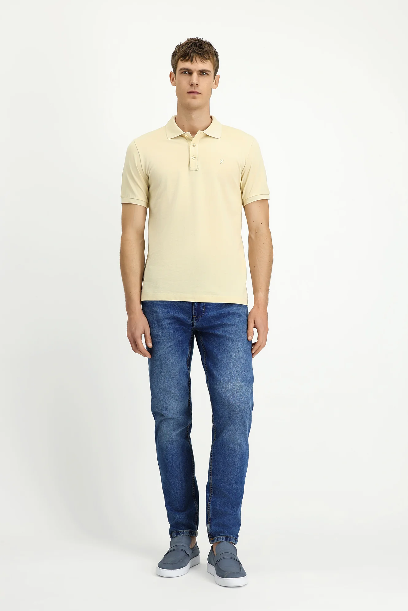 Açık Bej Slim Fit Dar Kesim Pamuk Kıvrılmaz Polo Yaka Tişört - Image 2