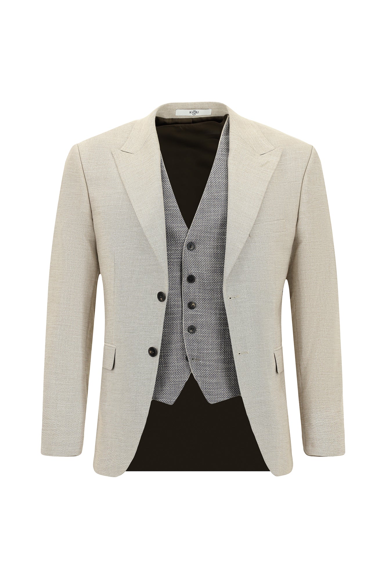 Açık Bej 7 Drop Slim Fit Dar Kesim Yelekli Kombinli Takım Elbise - Image 2