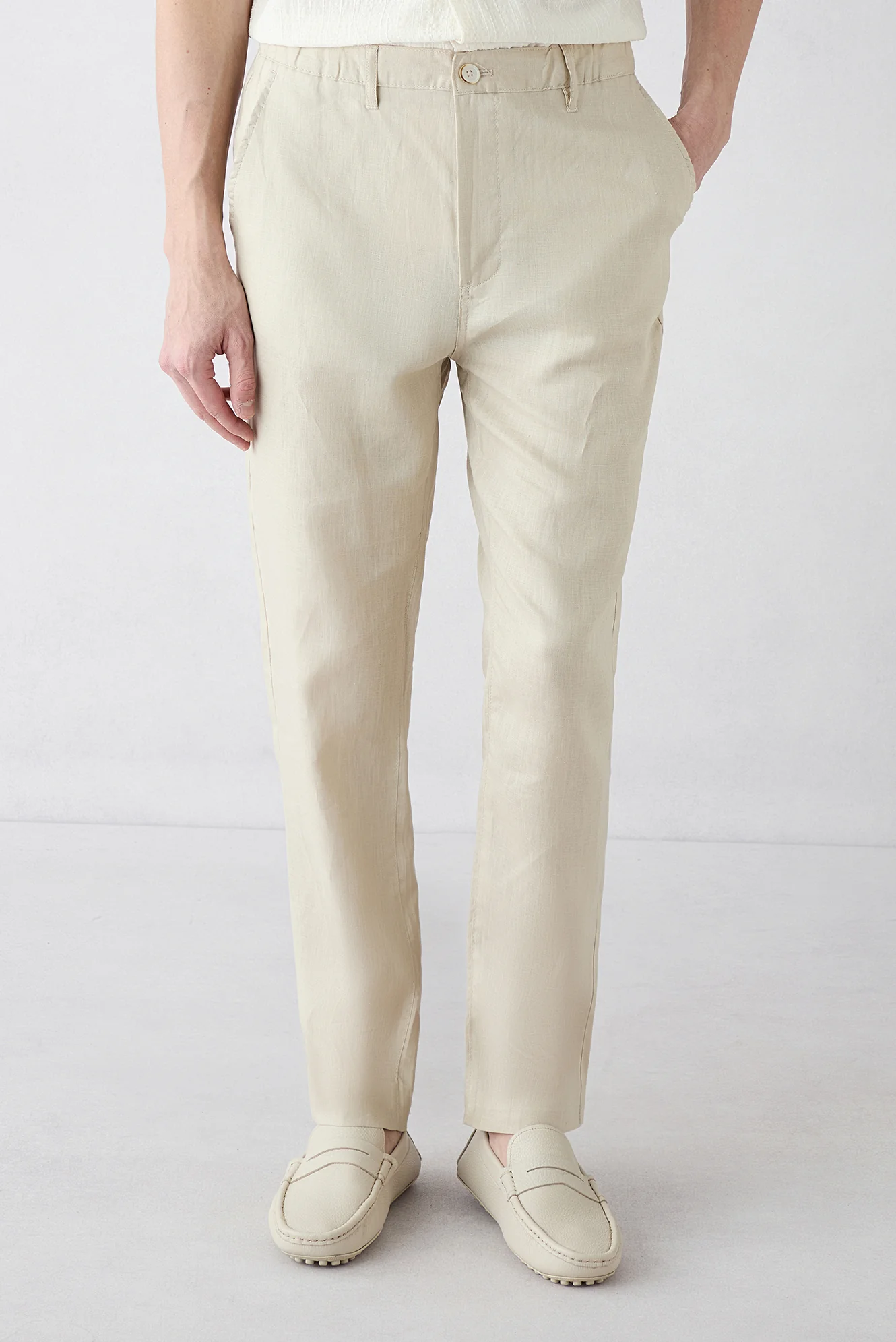 Açık Bej 7 Drop Slim Fit Dar Kesim Beli Lastikli Yandan Cepli Keten Kanvas / Chino Pantolon - Image 2