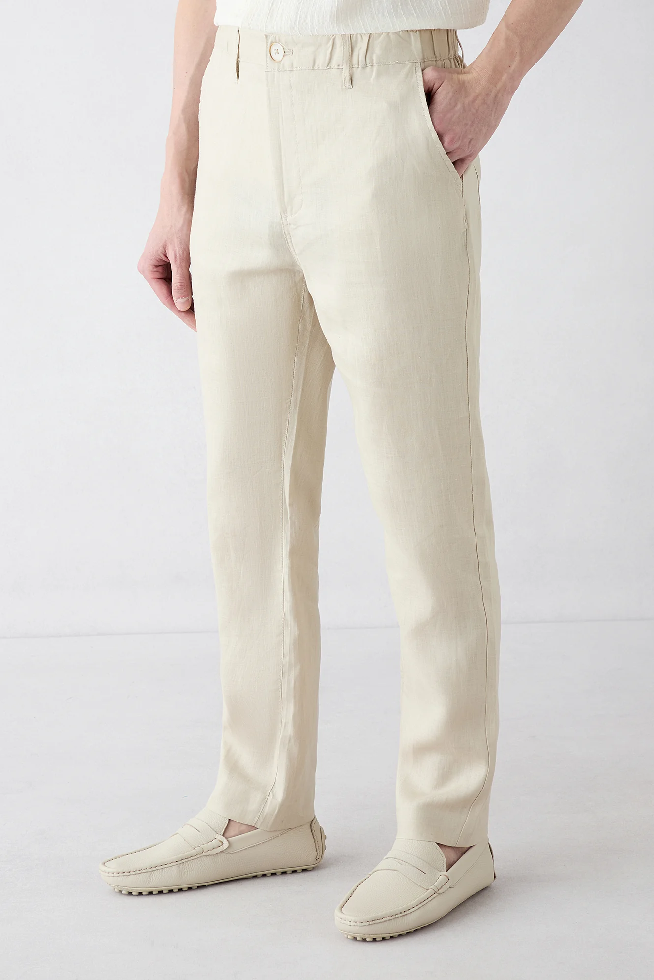 Açık Bej 7 Drop Slim Fit Dar Kesim Beli Lastikli Yandan Cepli Keten Kanvas / Chino Pantolon - Image 3