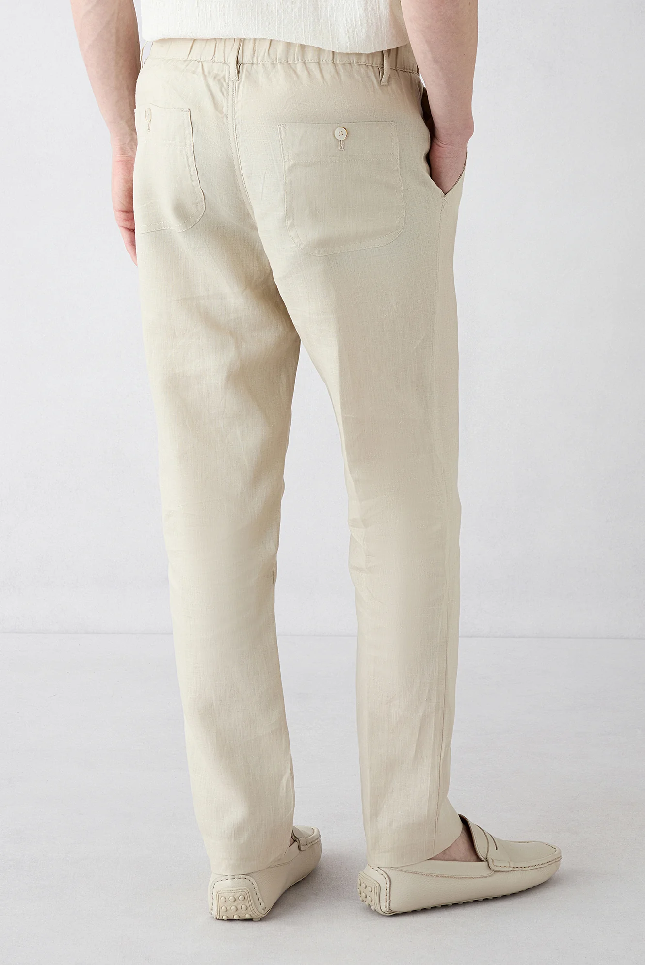 Açık Bej 7 Drop Slim Fit Dar Kesim Beli Lastikli Yandan Cepli Keten Kanvas / Chino Pantolon - Image 5