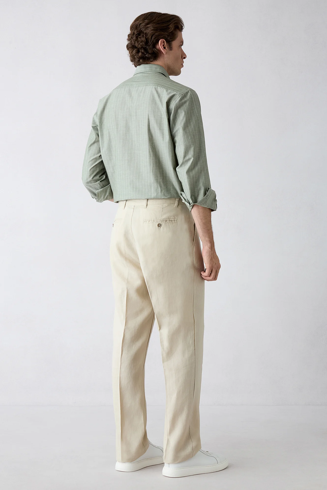 Açık Bej Straight Wide Leg Yan Cepli %100 Keten Pantolon - Image 5