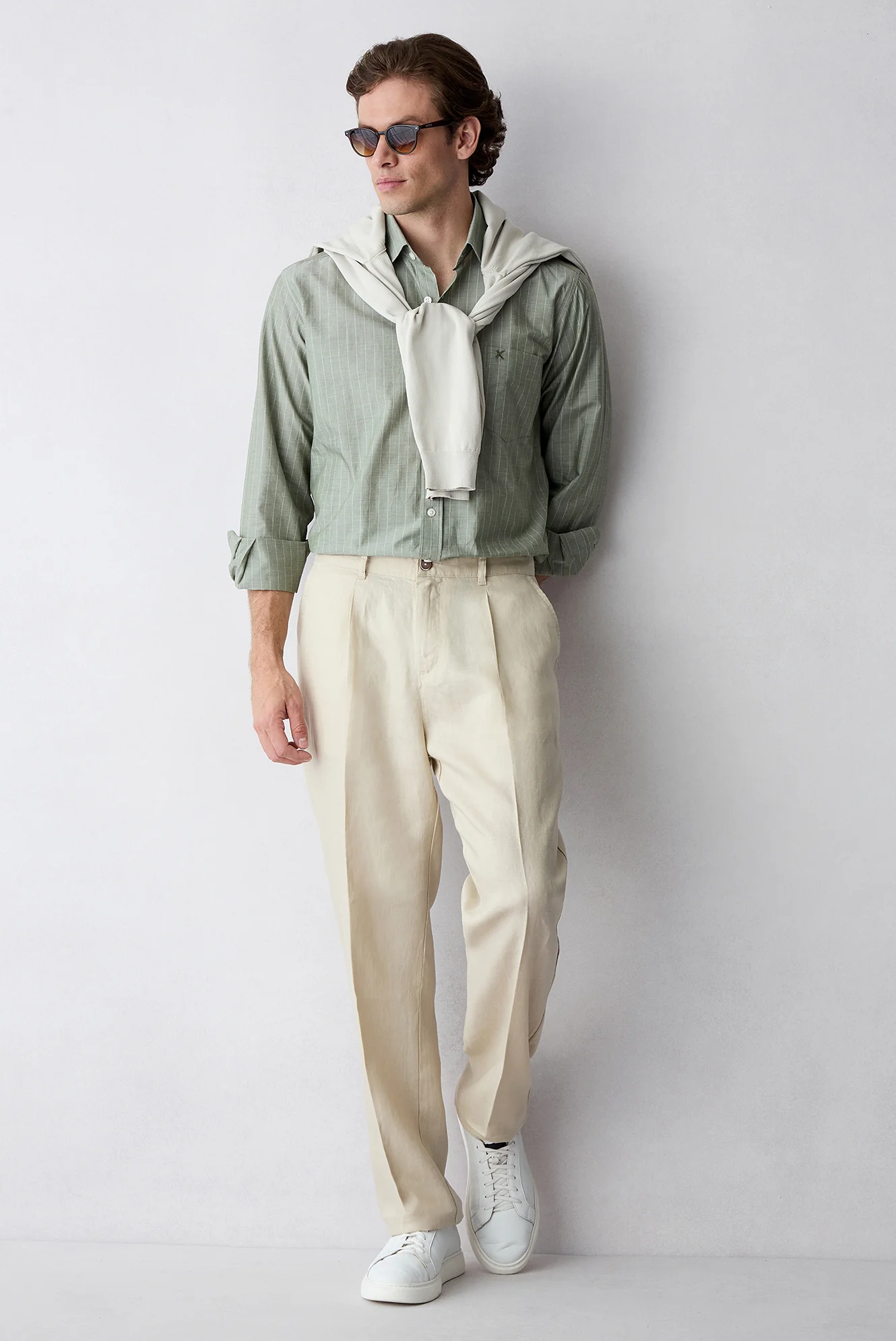 Açık Bej Straight Wide Leg Yan Cepli %100 Keten Pantolon - Image 6