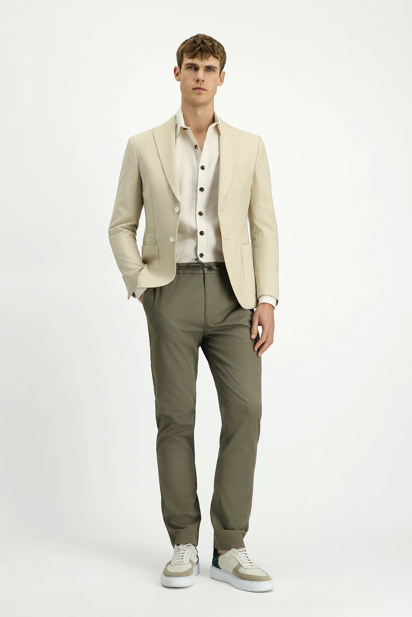 Açık Bej 7 Drop Super Slim Fit Eksra Dar Kesim Çizgili Likralı Spor Ceket - Image 2
