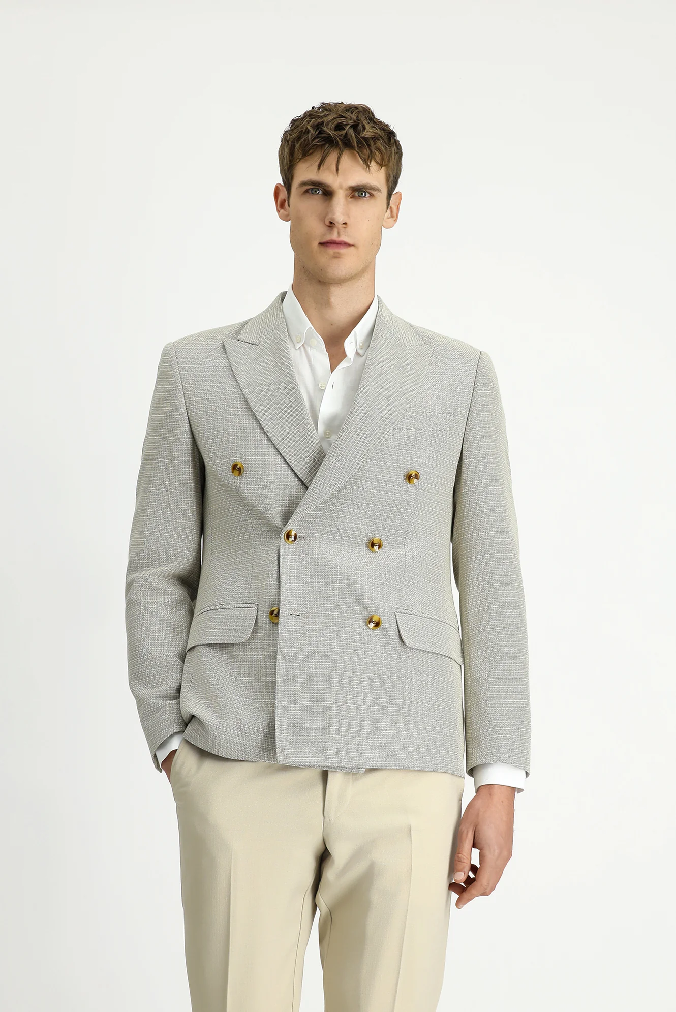 Açık Bej 7 Drop Super Slim Fit Eksra Dar Kesim Desenli Kruvaze Ceket