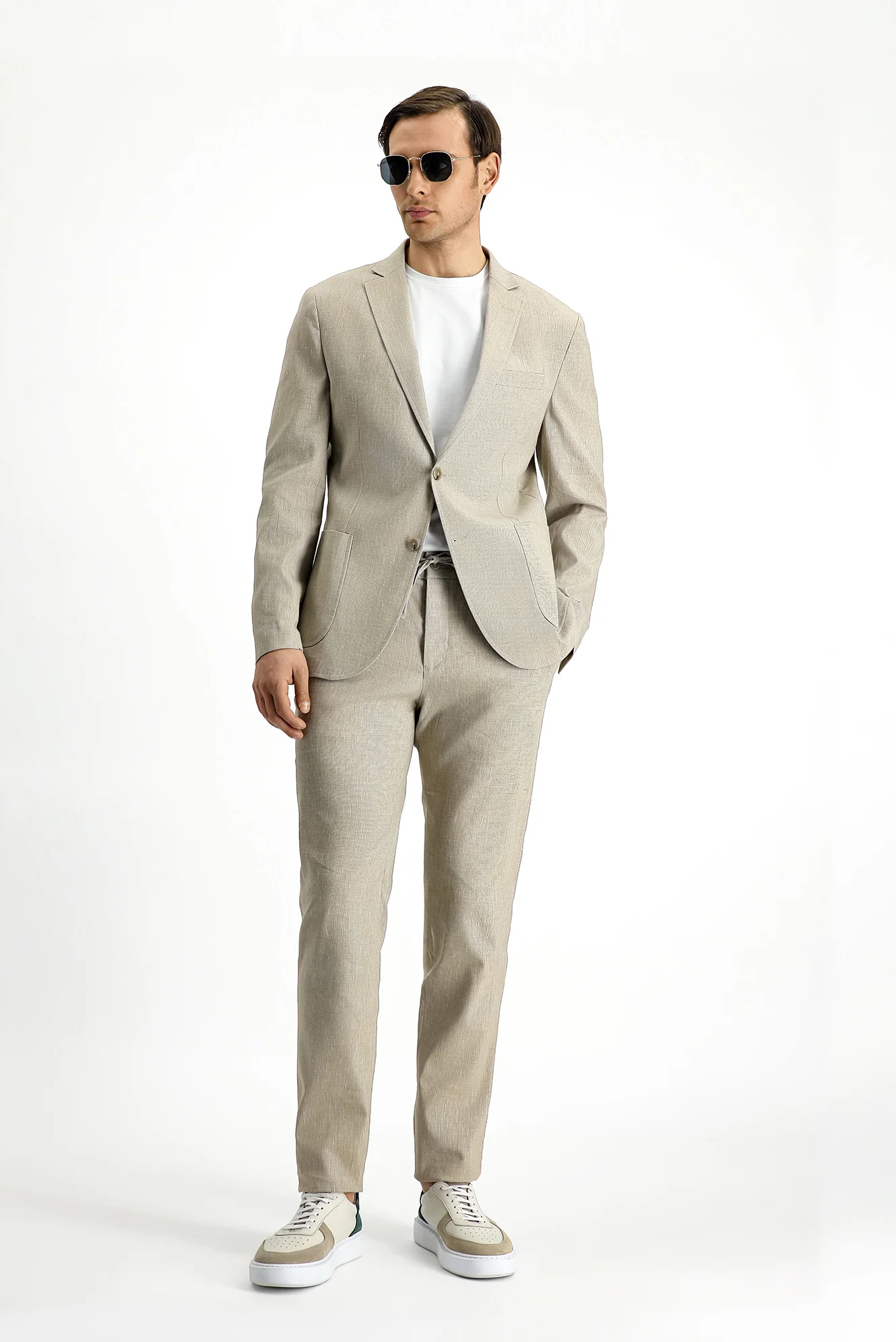 Açık Bej 7 Drop Super Slim Fit Eksra Dar Kesim Keten Karışımlı Beli Lastikli İpli Takım Elbise