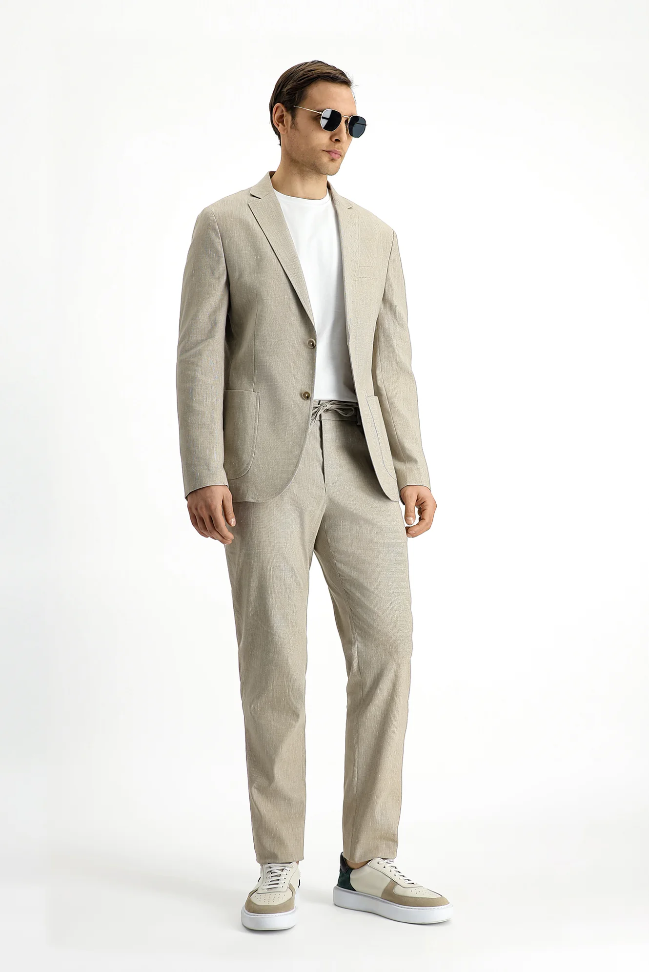 Açık Bej 7 Drop Super Slim Fit Eksra Dar Kesim Keten Karışımlı Beli Lastikli İpli Takım Elbise - Image 2