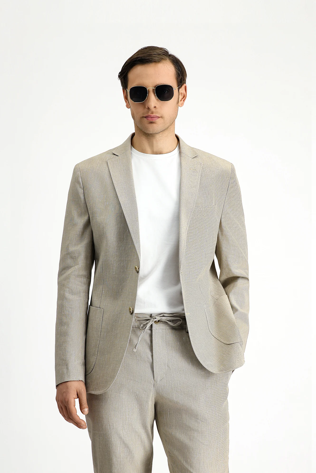 Açık Bej 7 Drop Super Slim Fit Eksra Dar Kesim Keten Karışımlı Beli Lastikli İpli Takım Elbise - Image 3