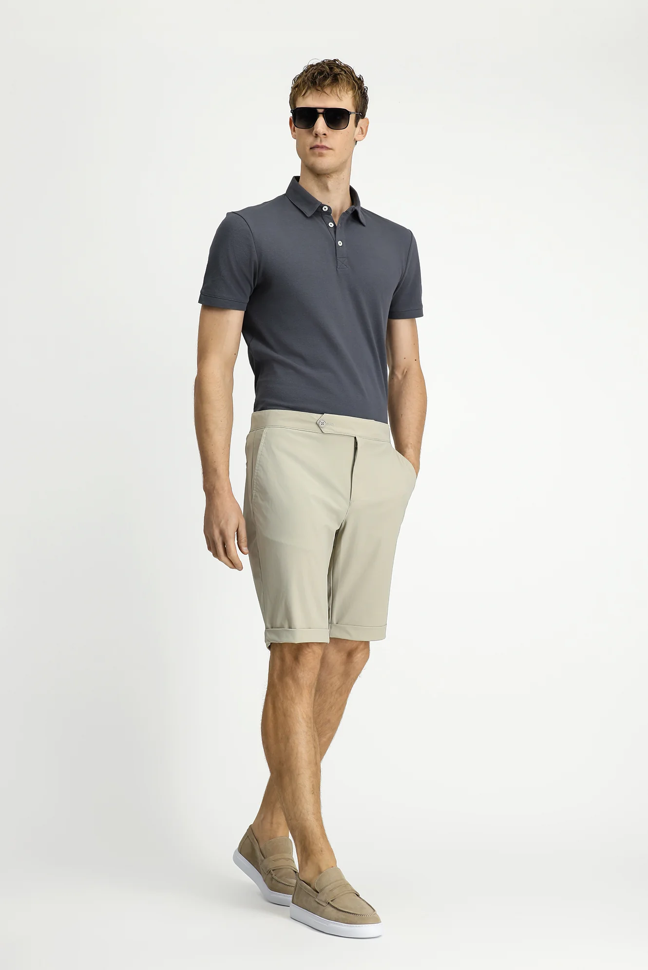 Açık Bej Super Slim Fit Eksra Dar Kesim Techno-Line Likralı Bermuda Şort - Image 2