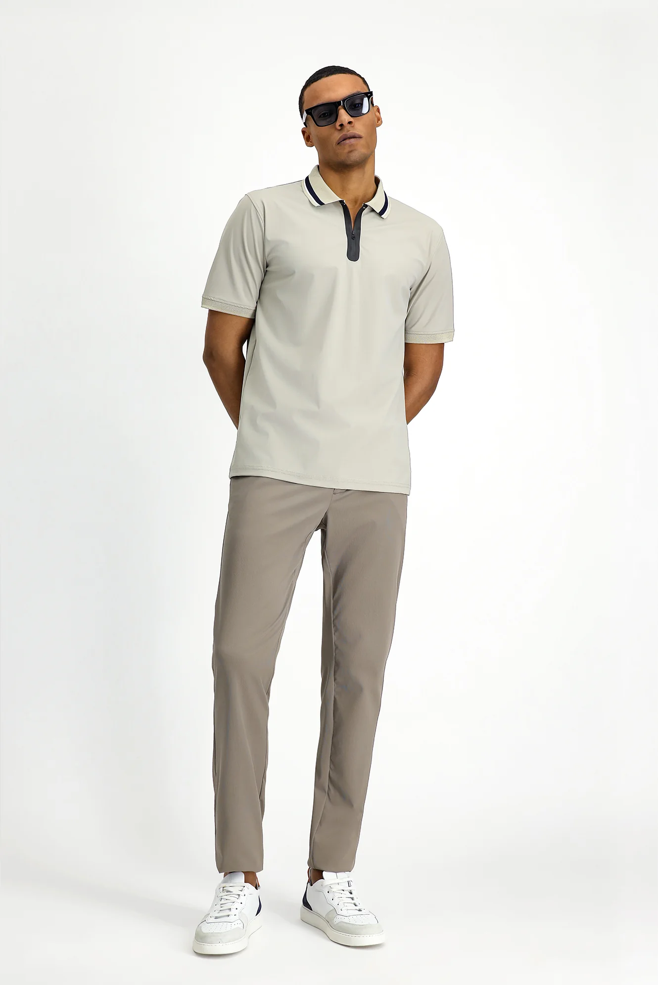 Açık Bej Techno-Line Fermuarlı Likralı Slim Fit Dar Kesim Polo Yaka Tişört - Image 4