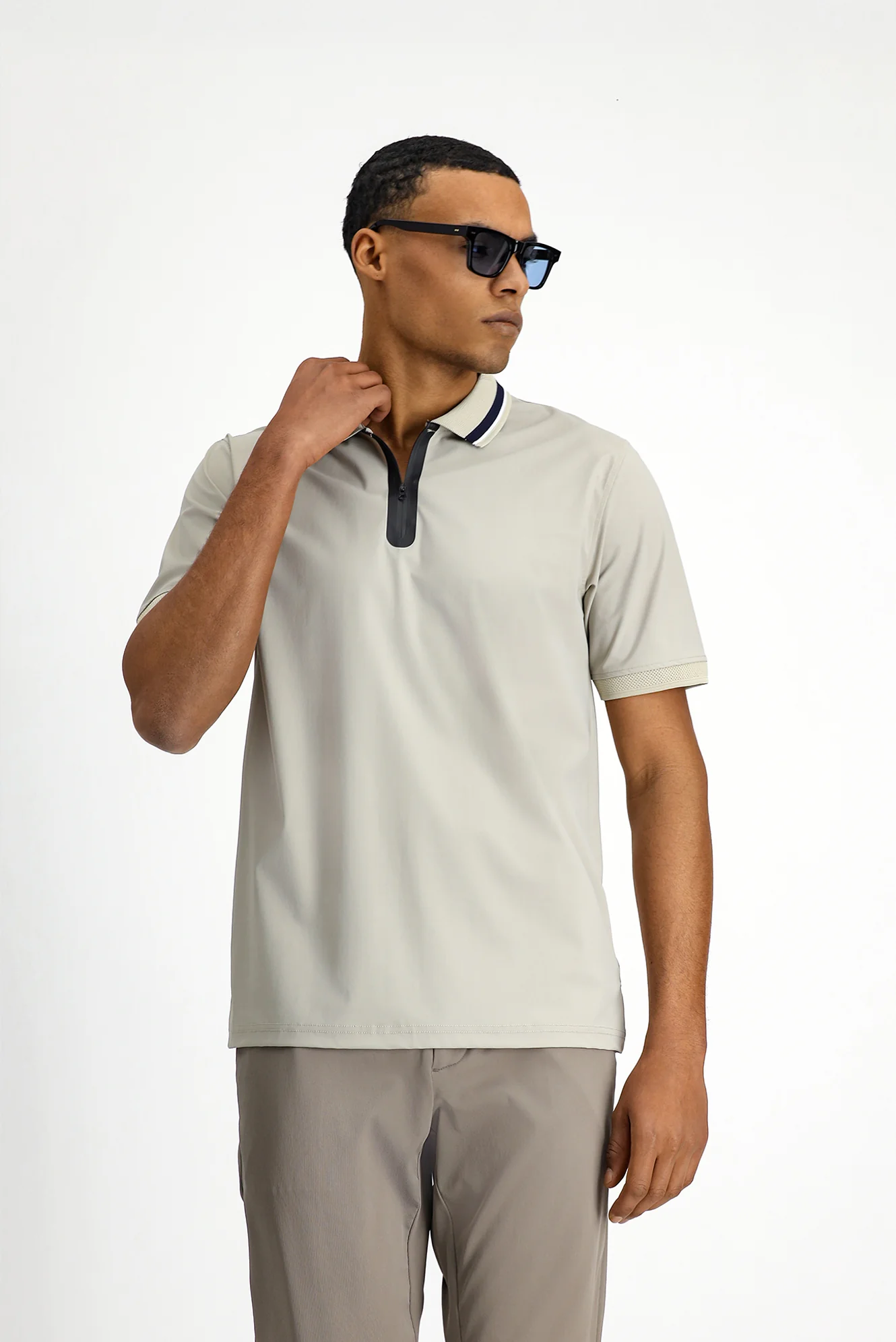 Açık Bej Techno-Line Fermuarlı Likralı Slim Fit Dar Kesim Polo Yaka Tişört - Image 5