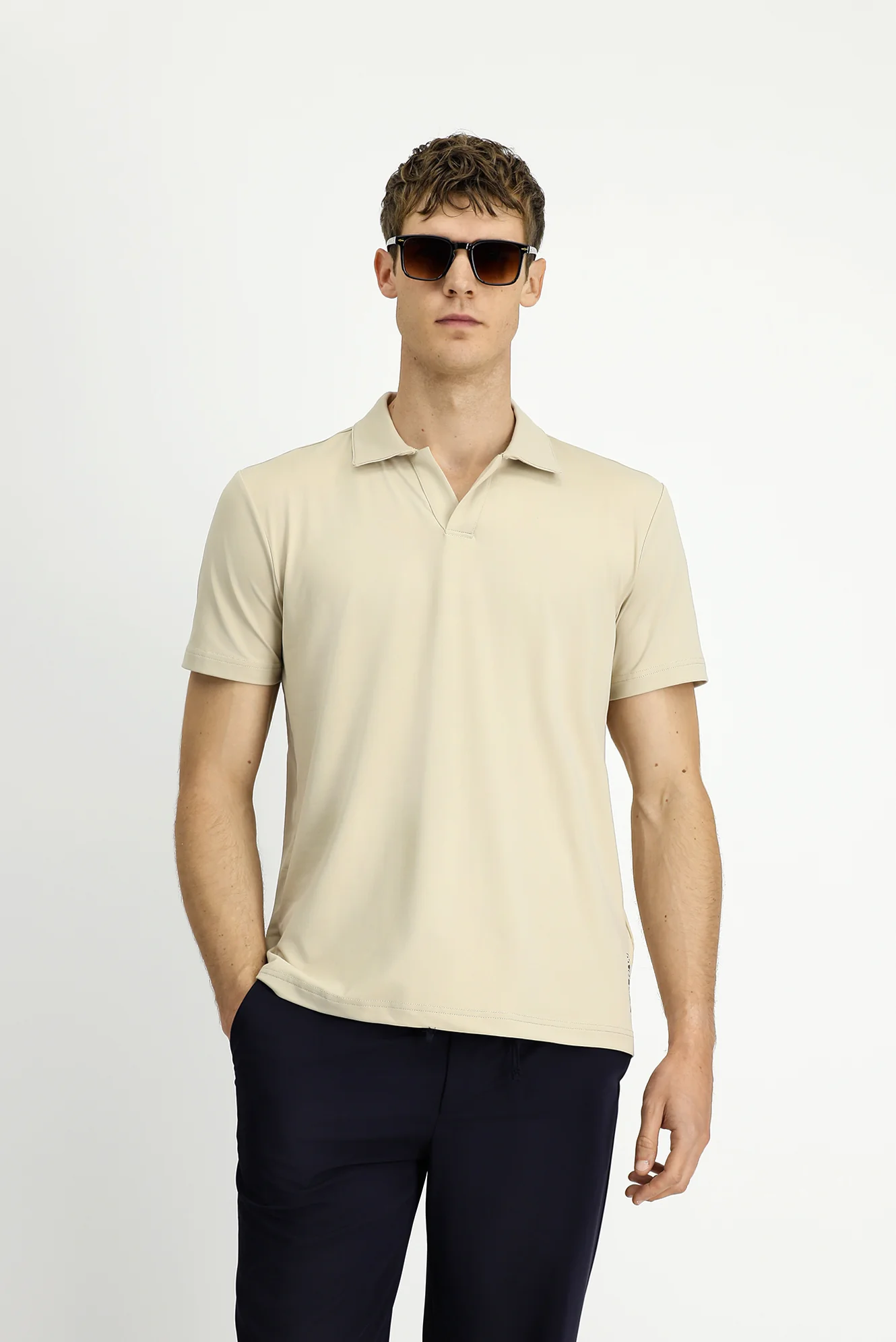 Açık Bej Techno-Line Regular Fit Likralı Baskılı Polo Yaka Tişört - Image 4