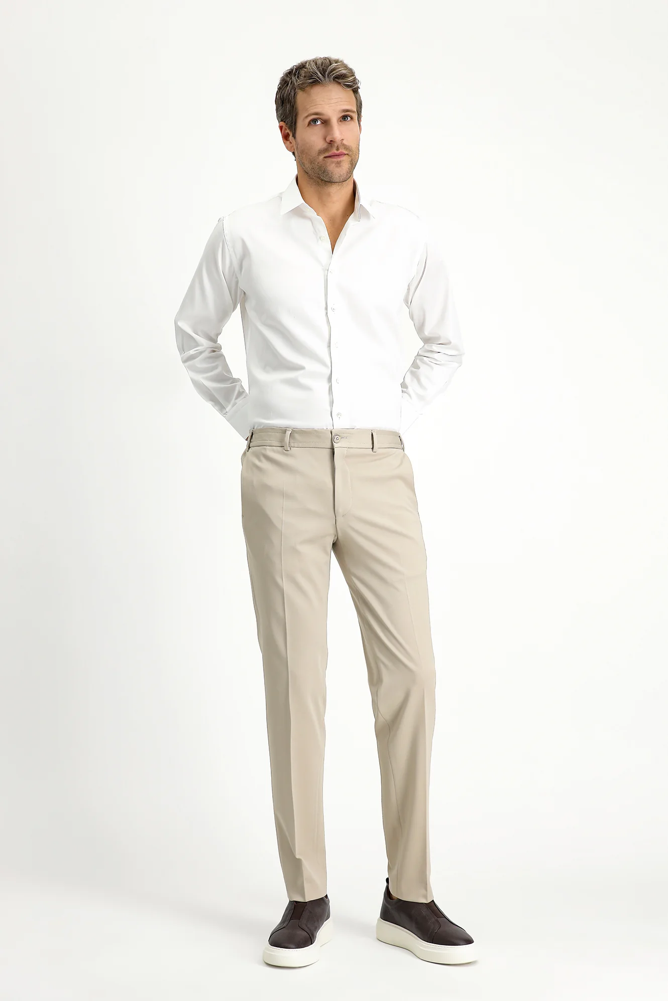 Açık Bej Techno-Line 7 Drop Slim Fit Dar Kesim Likralı Örme Klasik Kumaş Pantolon - Image 3