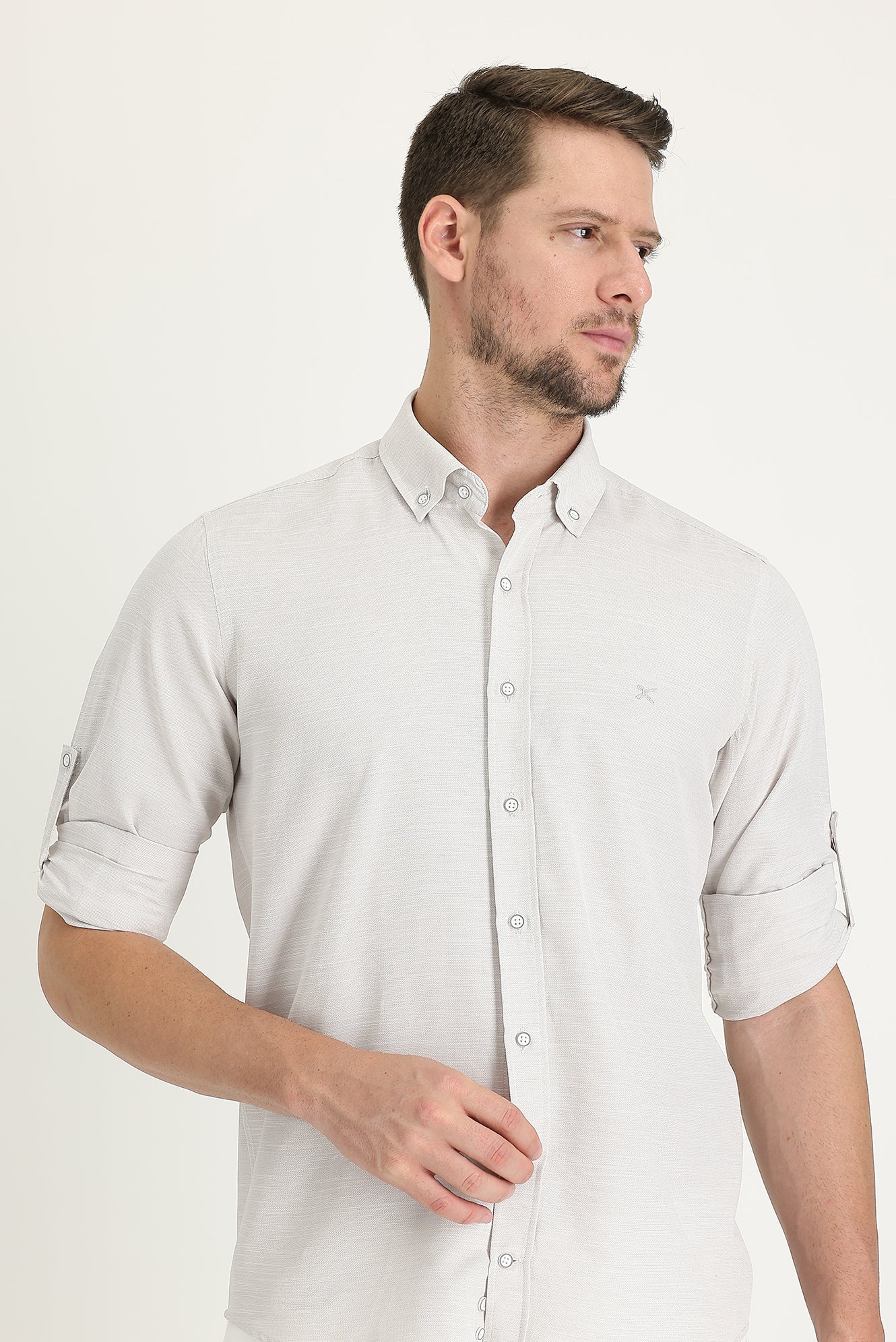Açık Bej Uzun Kol Relaxed Fit Rahat Kesim Keten Görünümlü Gömlek - Image 2