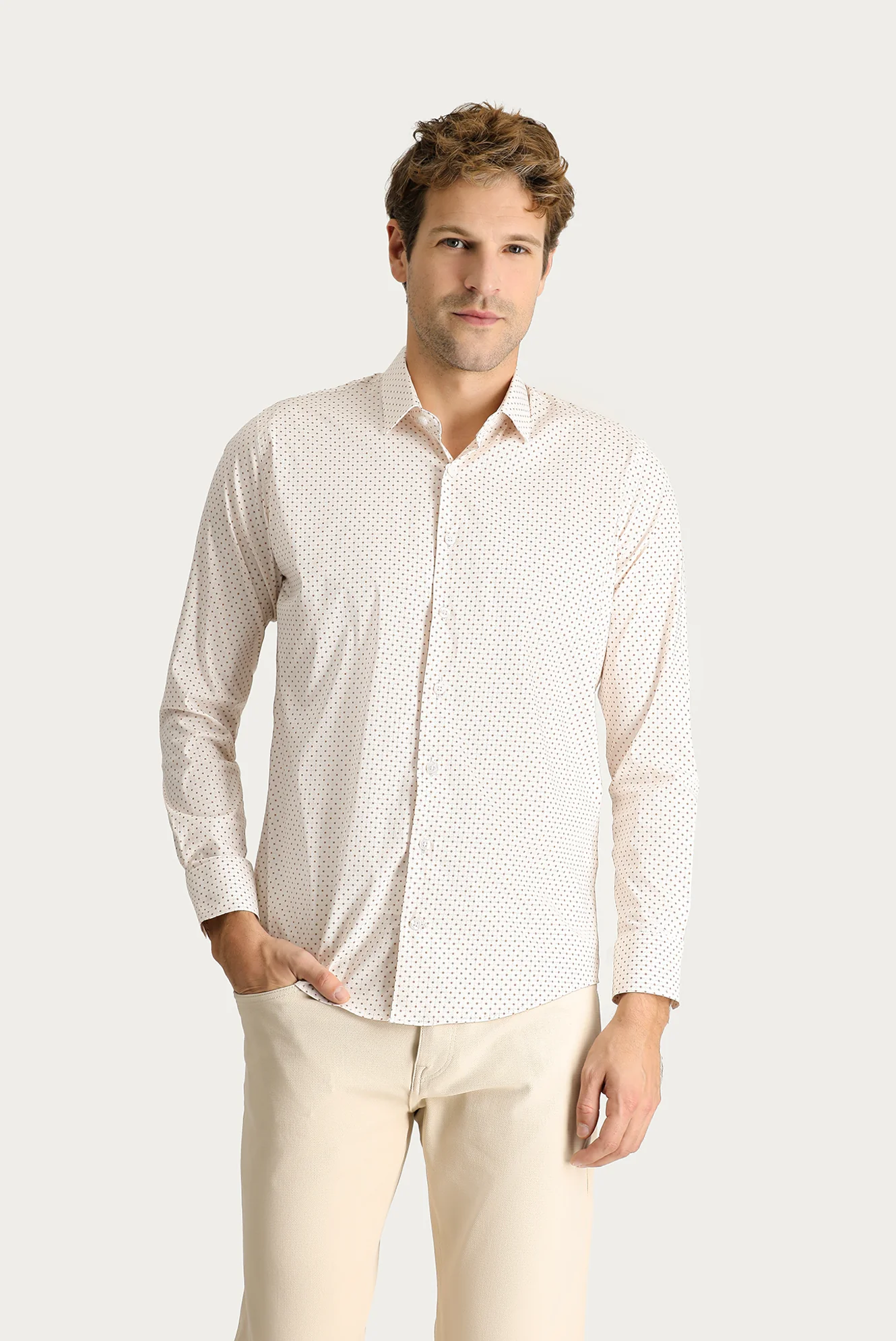 Açık Bej Uzun Kol Slim Fit Dar Kesim Baskılı Pamuklu Gömlek - Image 3