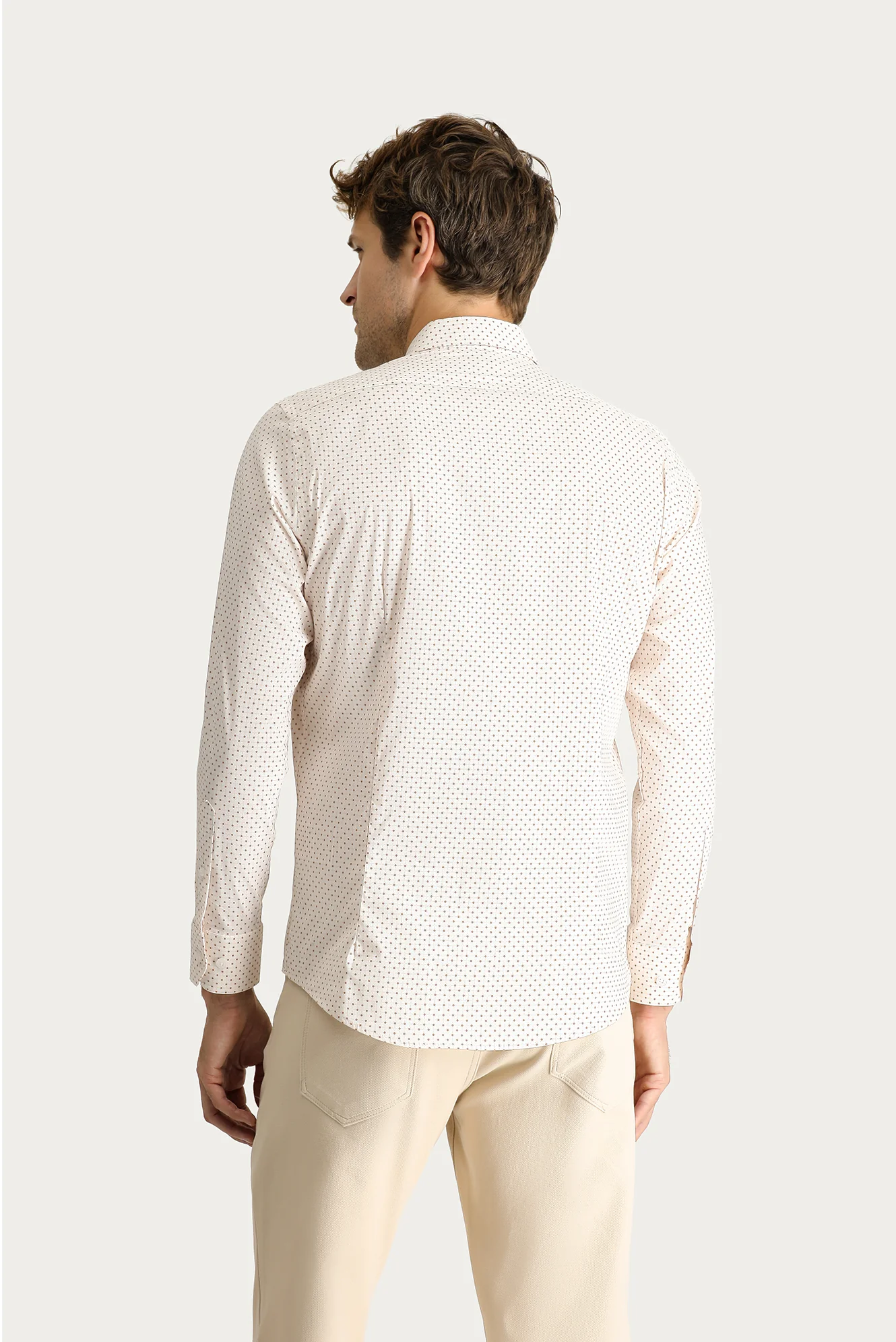 Açık Bej Uzun Kol Slim Fit Dar Kesim Baskılı Pamuklu Gömlek - Image 4