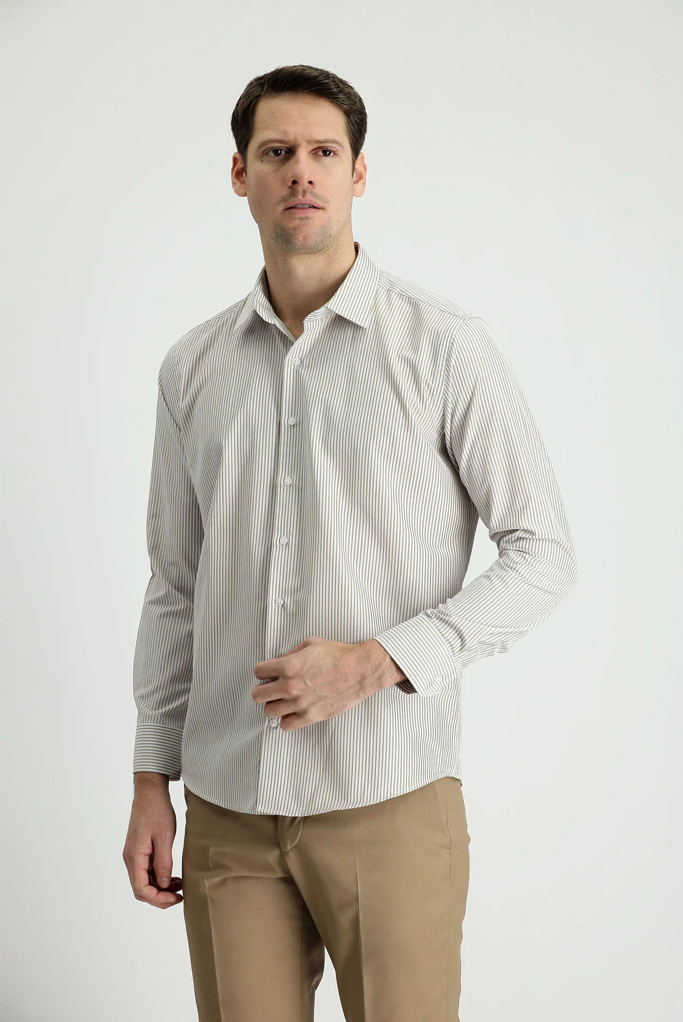 Açık Bej Uzun Kol Slim Fit Dar Kesim Çizgili Pamuklu Gömlek - Image 2