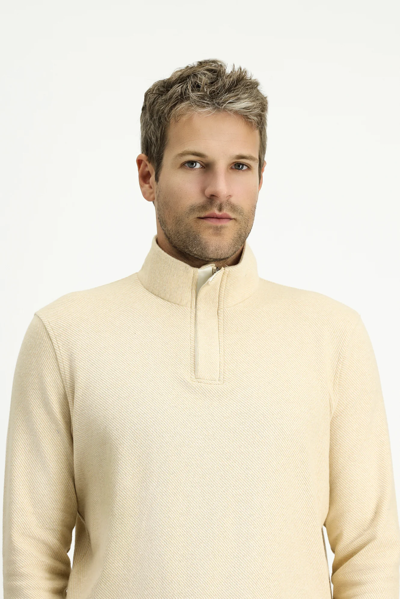 Açık Bej Yarım Balıkçı Yaka Regular Fit Fermuarlı Çizgili Pamuklu Sweatshirt - Image 3