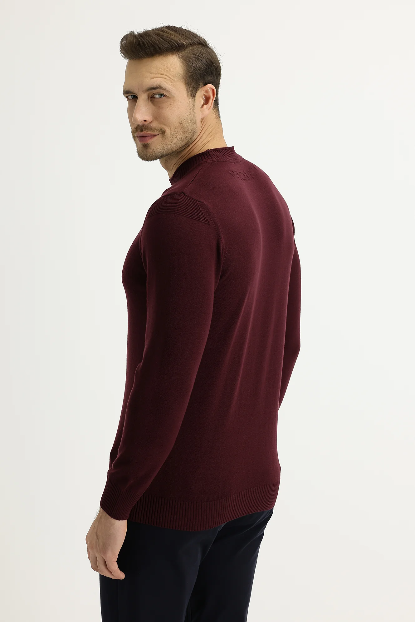 Açık Bordo Bisiklet Yaka Slim Fit Dar Kesim Pamuklu Triko Kazak - Image 3