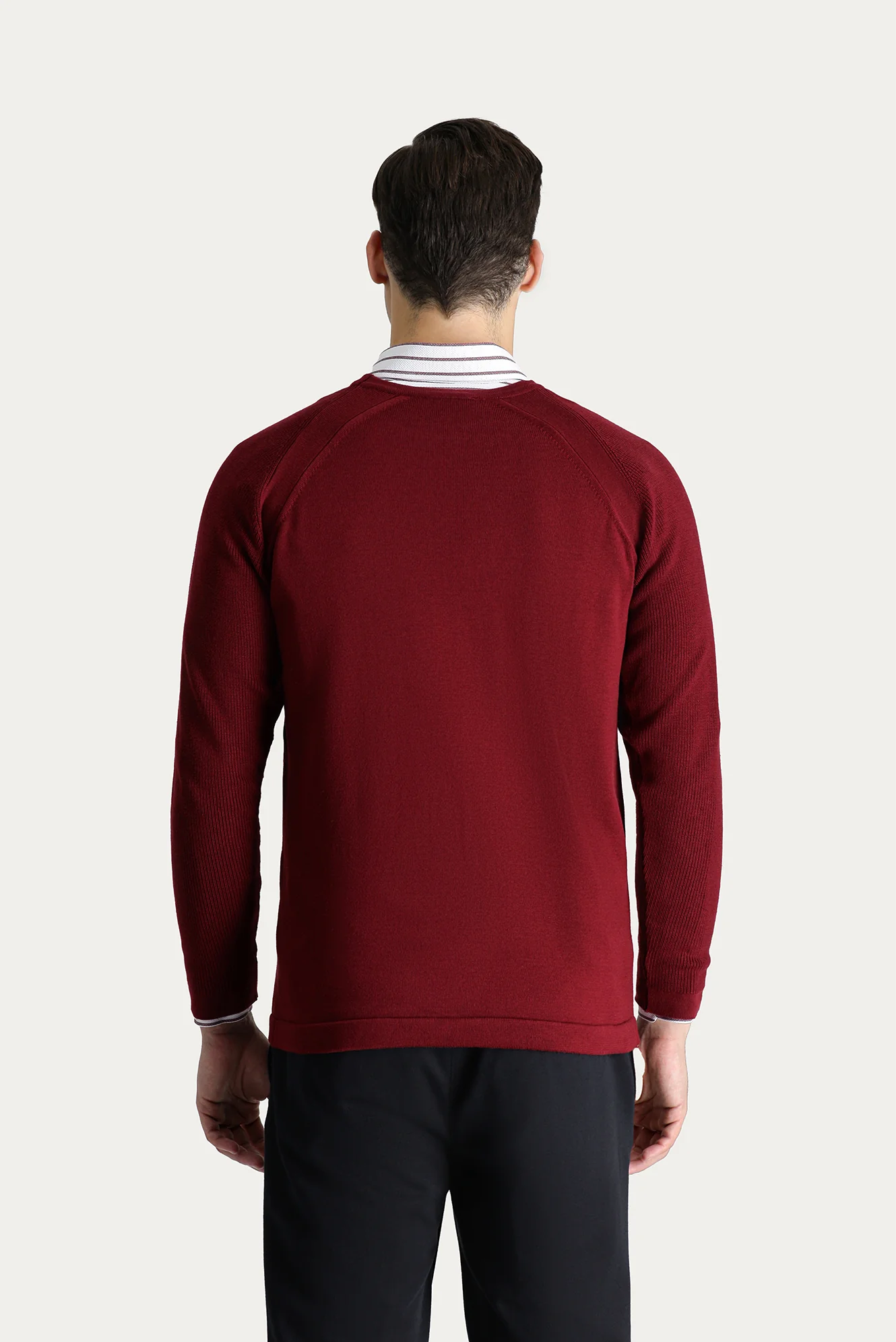 Açık Bordo Bisiklet Yaka Slim Fit Desenli Pamuklu Triko Kazak - Image 3
