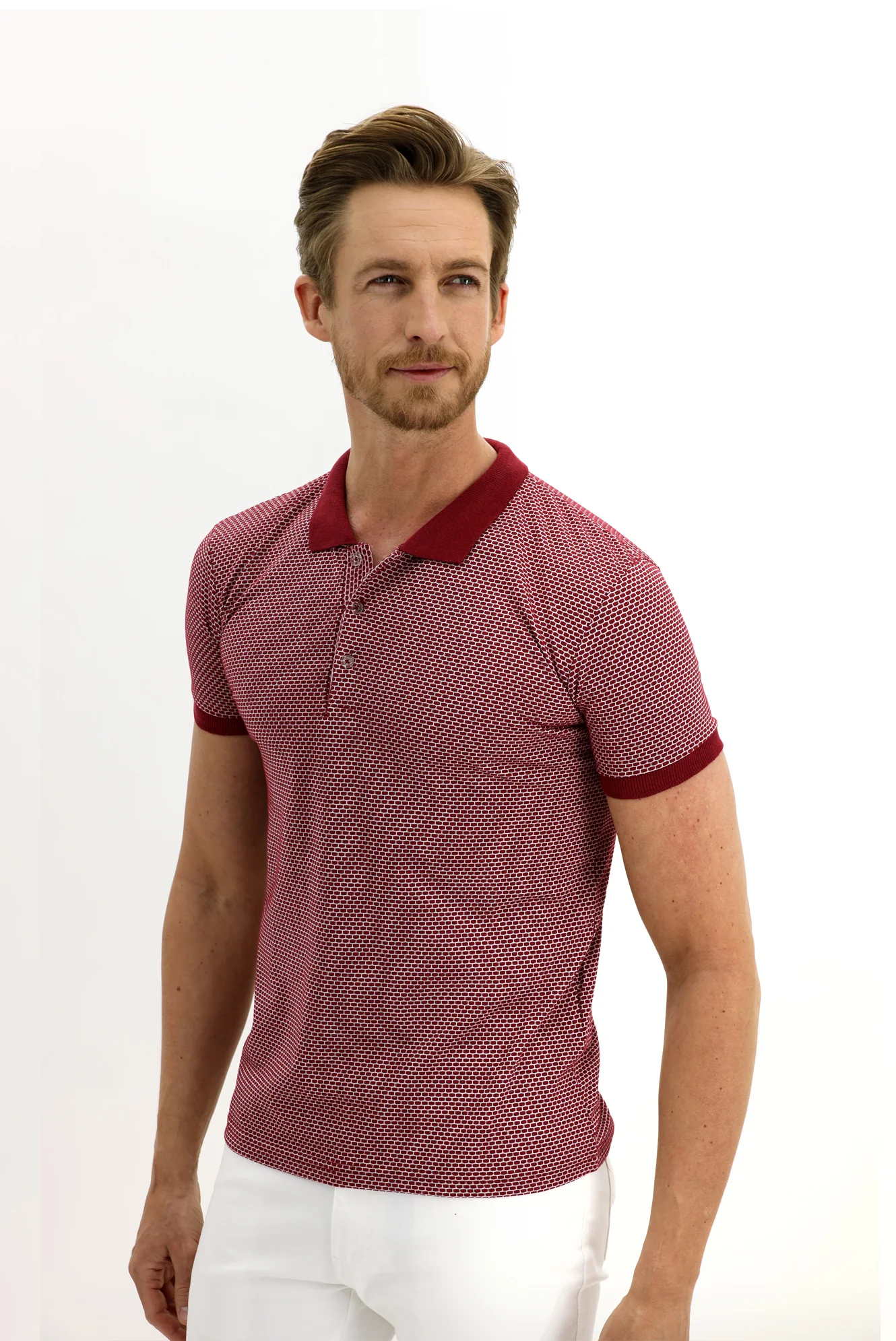 Açık Bordo Polo Yaka Slim Fit Dar Kesim Desenli Tişört - Image 2