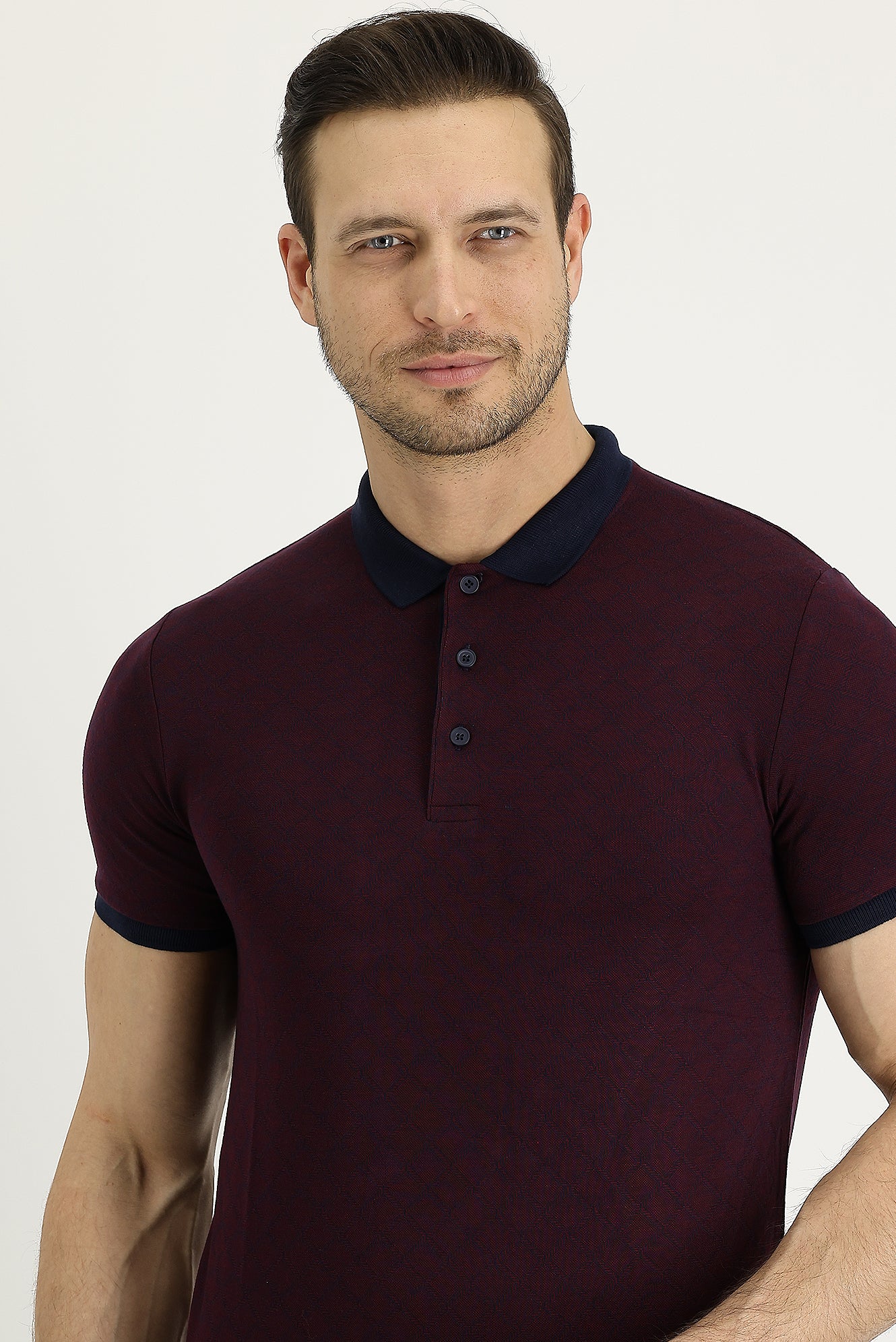 Açık Bordo Polo Yaka Slim Fit Dar Kesim Desenli Tişört - Image 2
