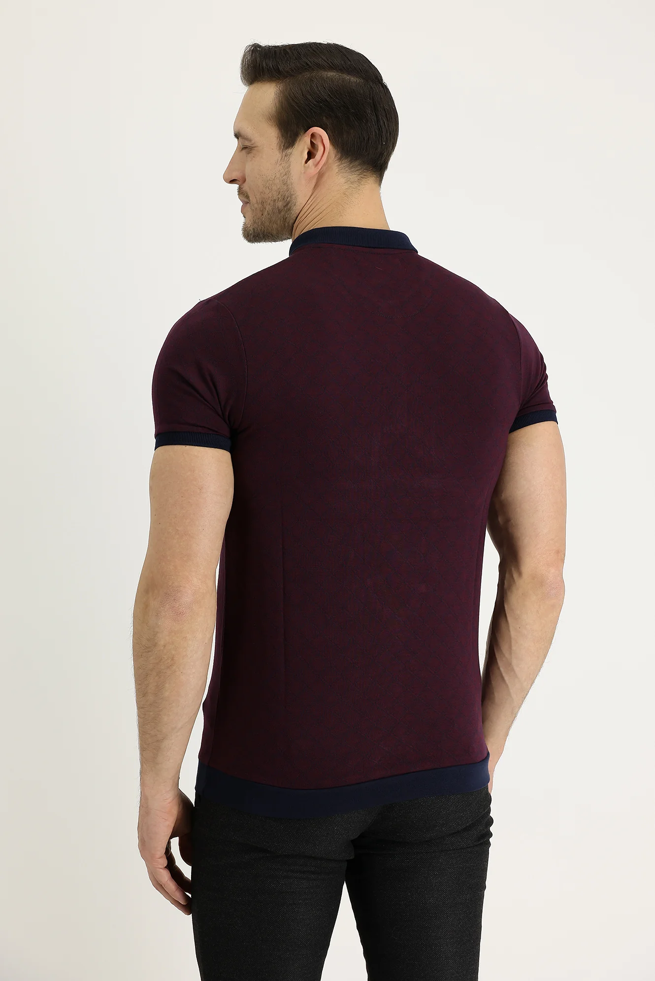 Açık Bordo Polo Yaka Slim Fit Dar Kesim Desenli Tişört - Image 3