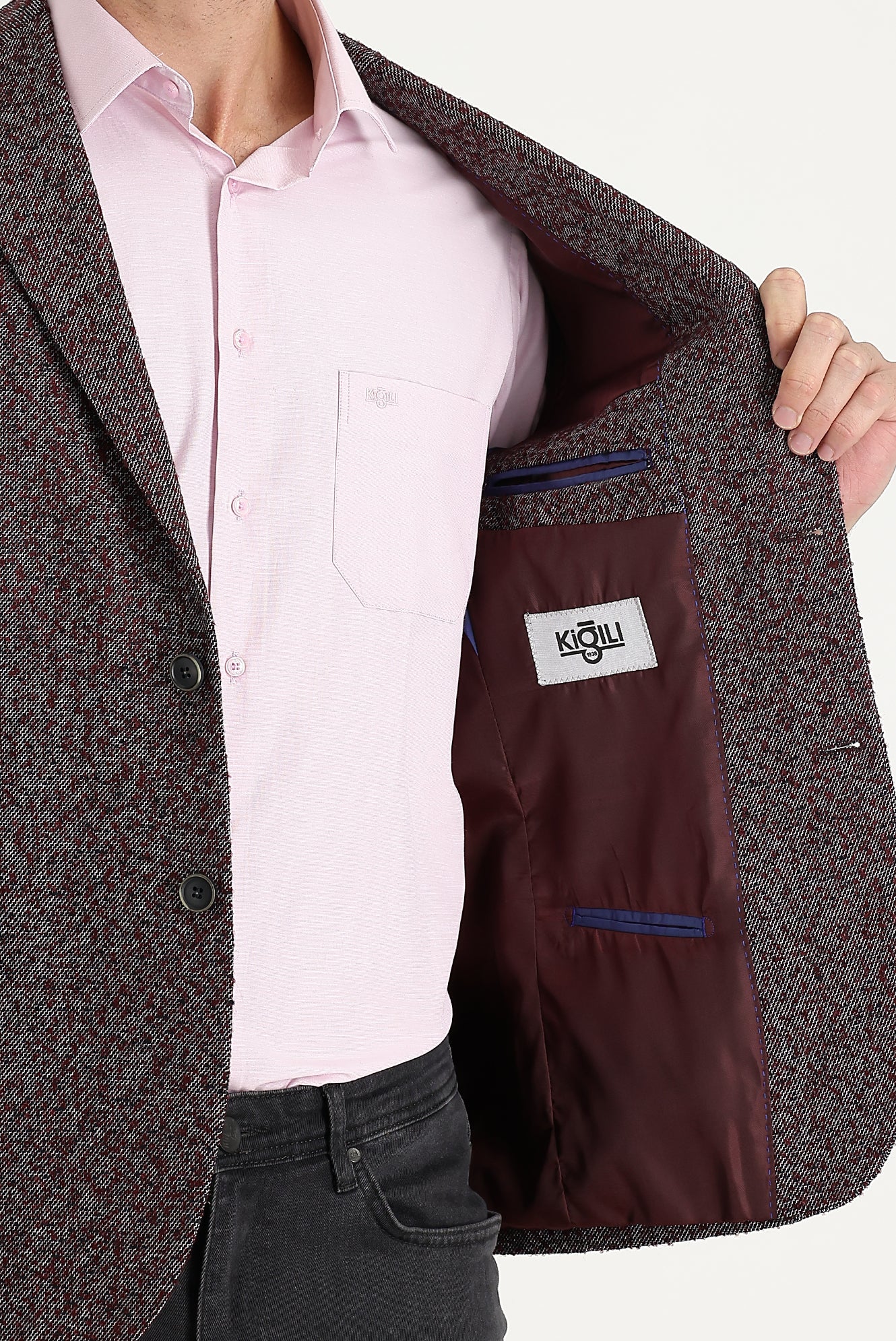 Açık Bordo 6 Drop Regular Fit Standart Kesim Desenli Yünlü Ceket - Image 3