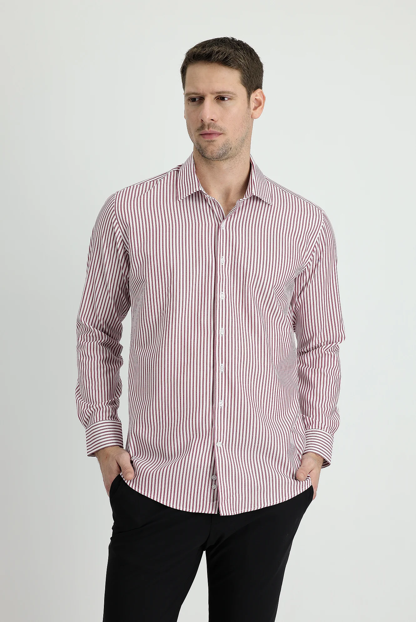 Açık Bordo Uzun Kol Slim Fit Dar Kesim Çizgili Pamuklu Gömlek - Image 2
