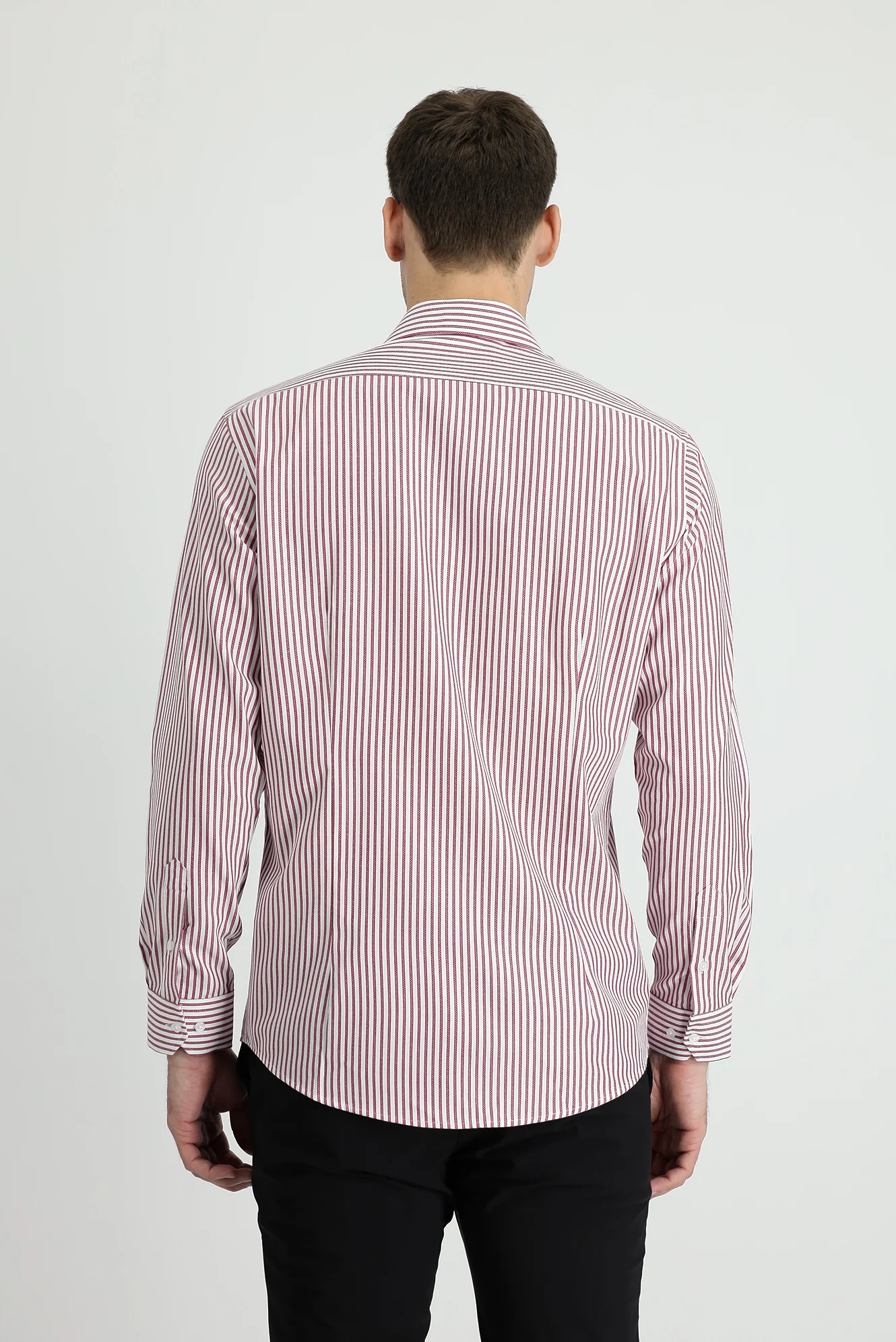 Açık Bordo Uzun Kol Slim Fit Dar Kesim Çizgili Pamuklu Gömlek - Image 3