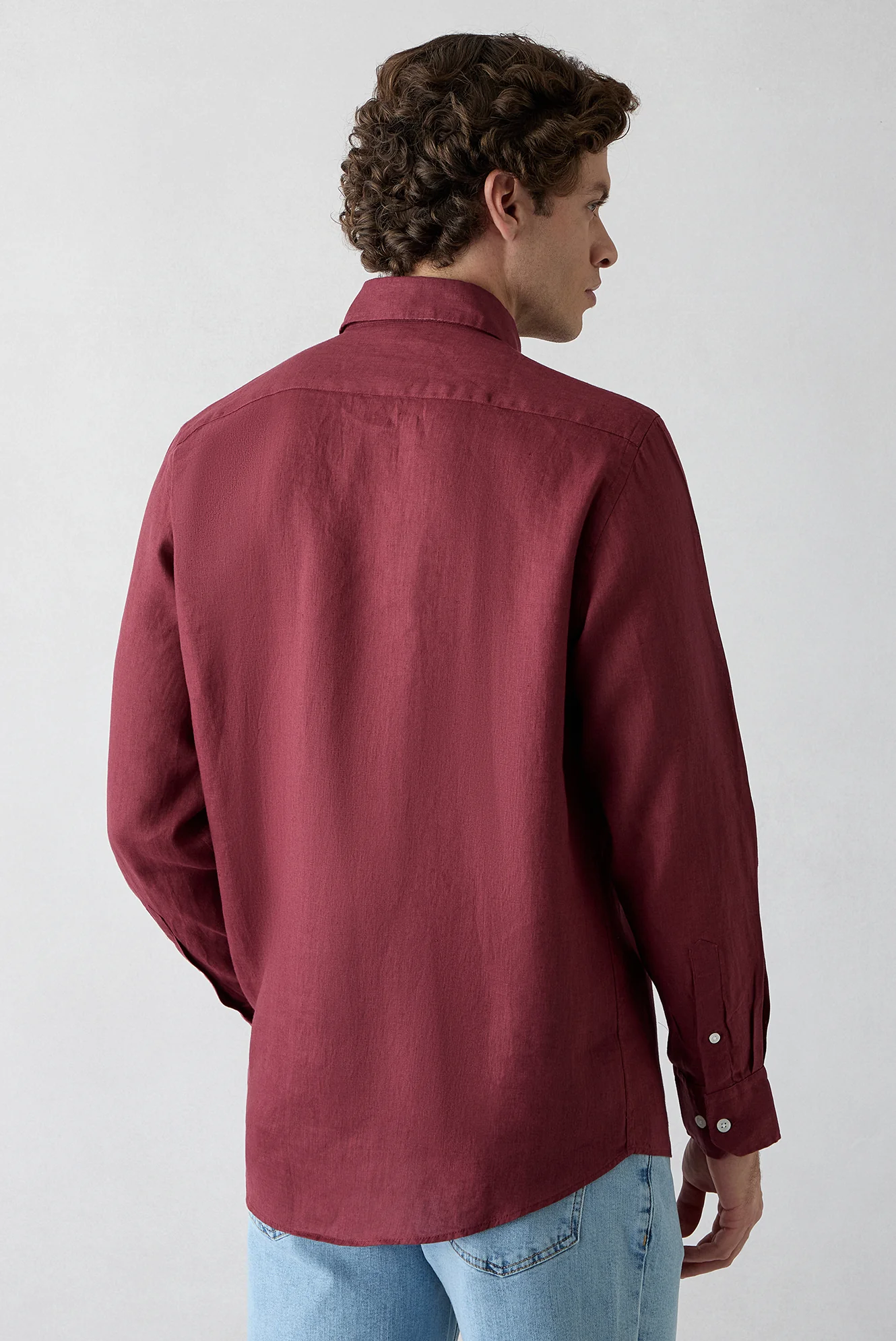 Açık Bordo Uzun Kol Regular Fit Düğmeli Yaka Cepli %100 Keten Gömlek - Image 5