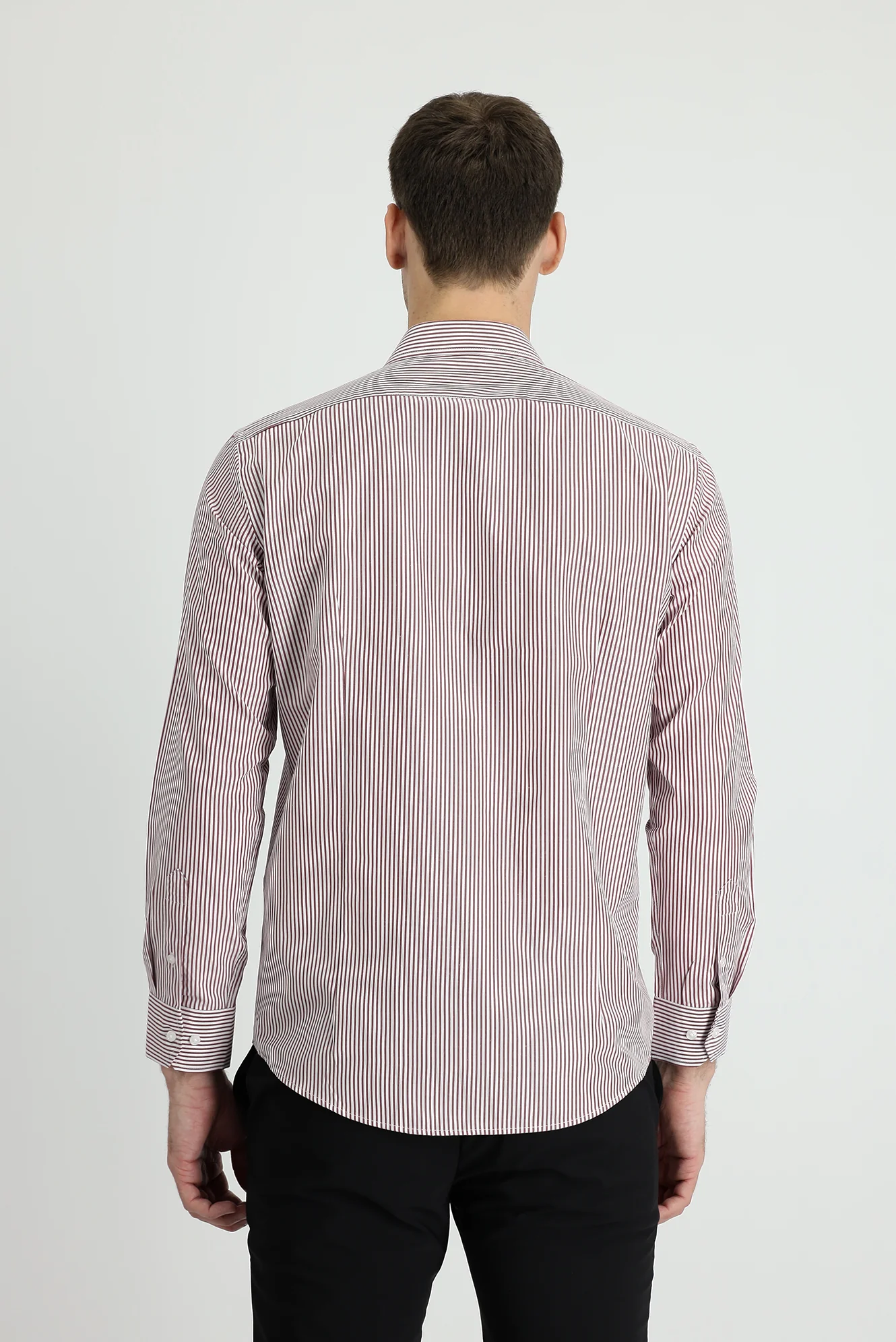 Açık Bordo Uzun Kol Slim Fit Dar Kesim Çizgili Pamuklu Gömlek - Image 3