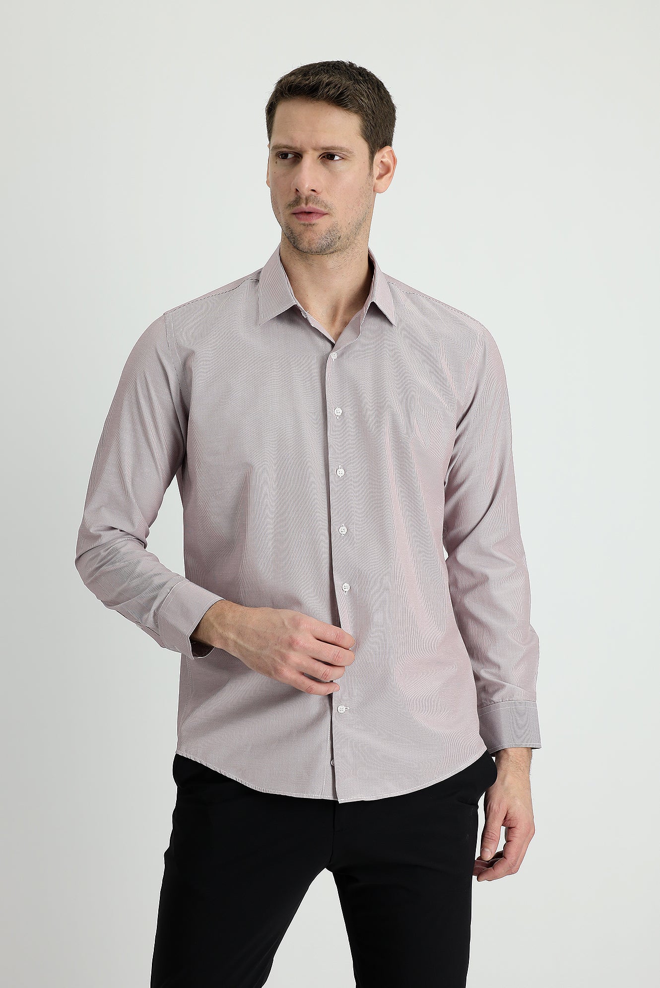 Açık Bordo Uzun Kol Slim Fit Dar Kesim Klasik Çizgili Pamuklu Kolay Ütülenebilir Gömlek