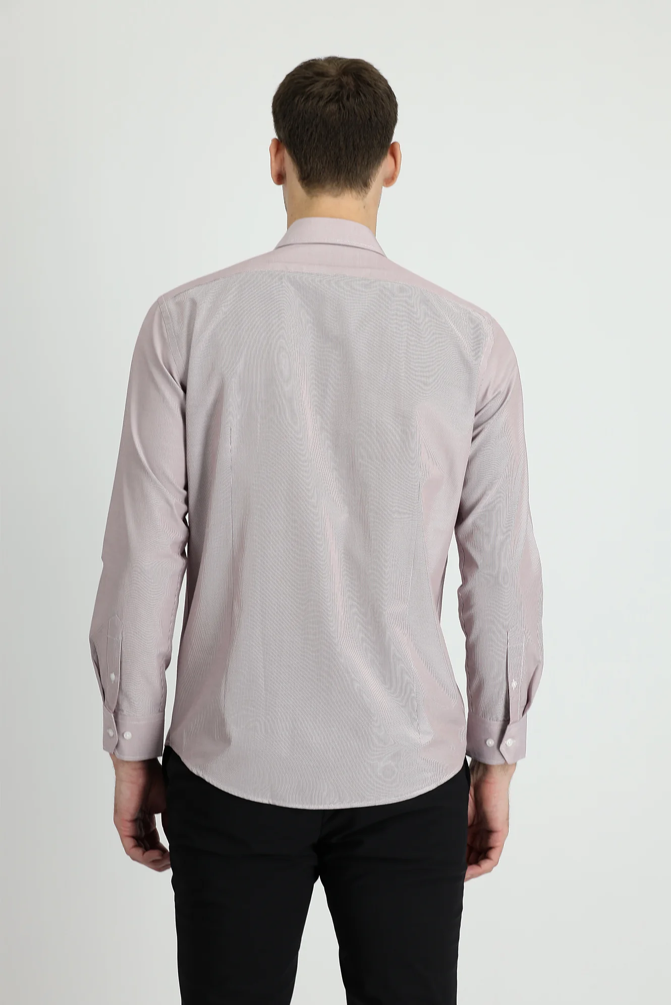Açık Bordo Uzun Kol Slim Fit Dar Kesim Klasik Çizgili Pamuklu Kolay Ütülenebilir Gömlek - Image 3
